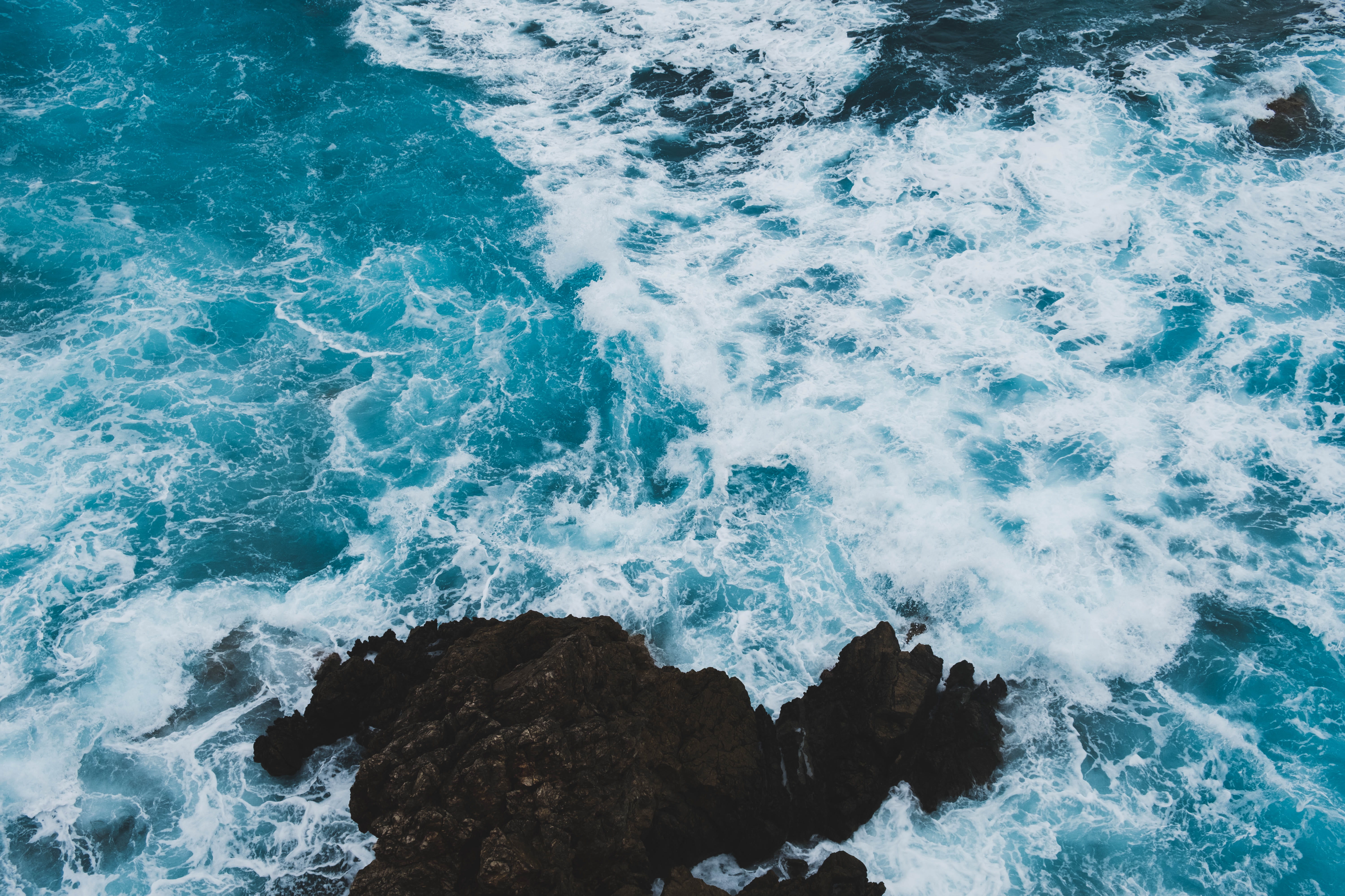 beauty in nature, outdoors, aerial, daytime, hitting, rocky coastline, aquatic sport, waves, flowing water, solid, blue, sea, nature, photography, ocean, HD Wallpaper