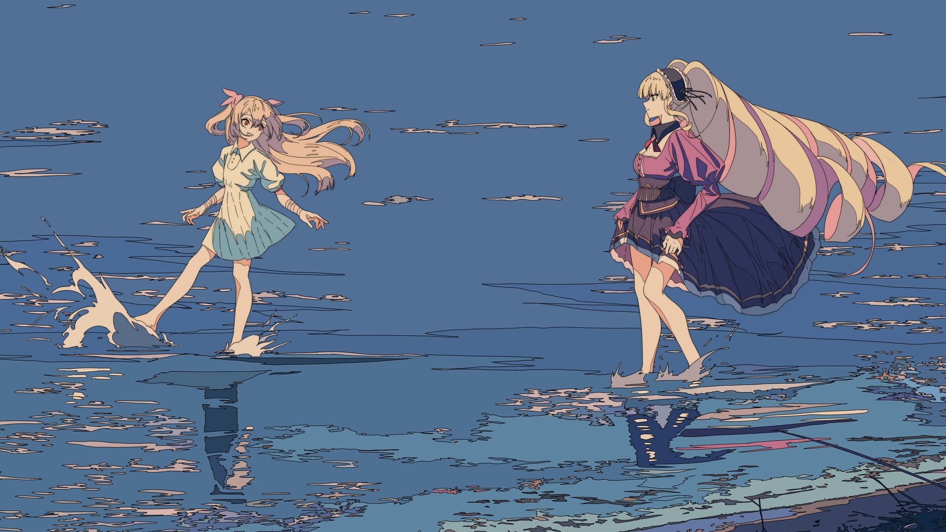 young women, representation, anime, art and craft, blond hair, digital composite, water, manga, blue, nature, blonde, beach, minimalism, 1080P, full length, HD Wallpaper