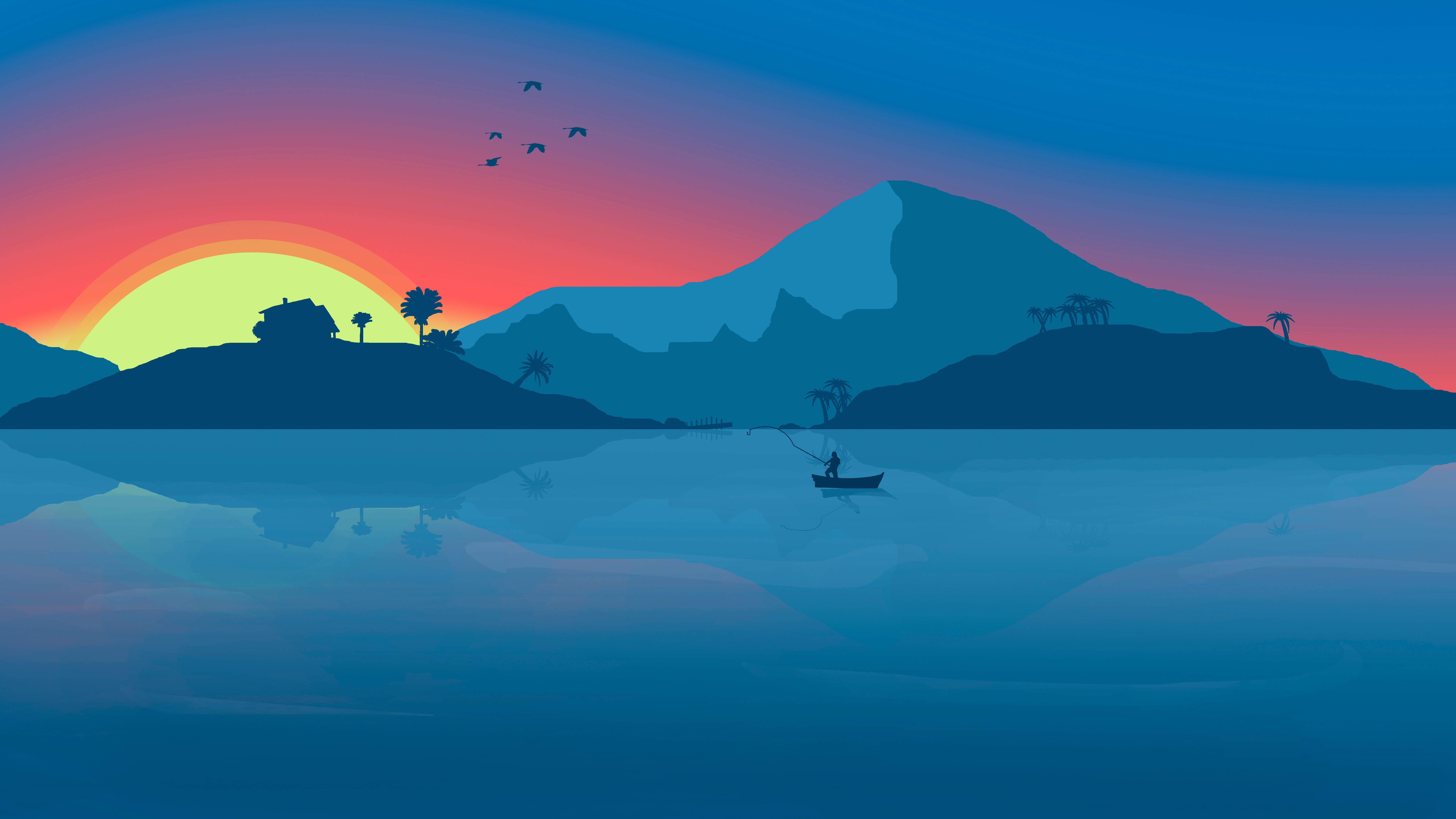 nature, waterfront, beach, tranquility, tranquil scene, 4k, 8K, digital art, 8k, bird, scenics - nature, outdoors, animal, boat, mountain, reflection, HD Wallpaper