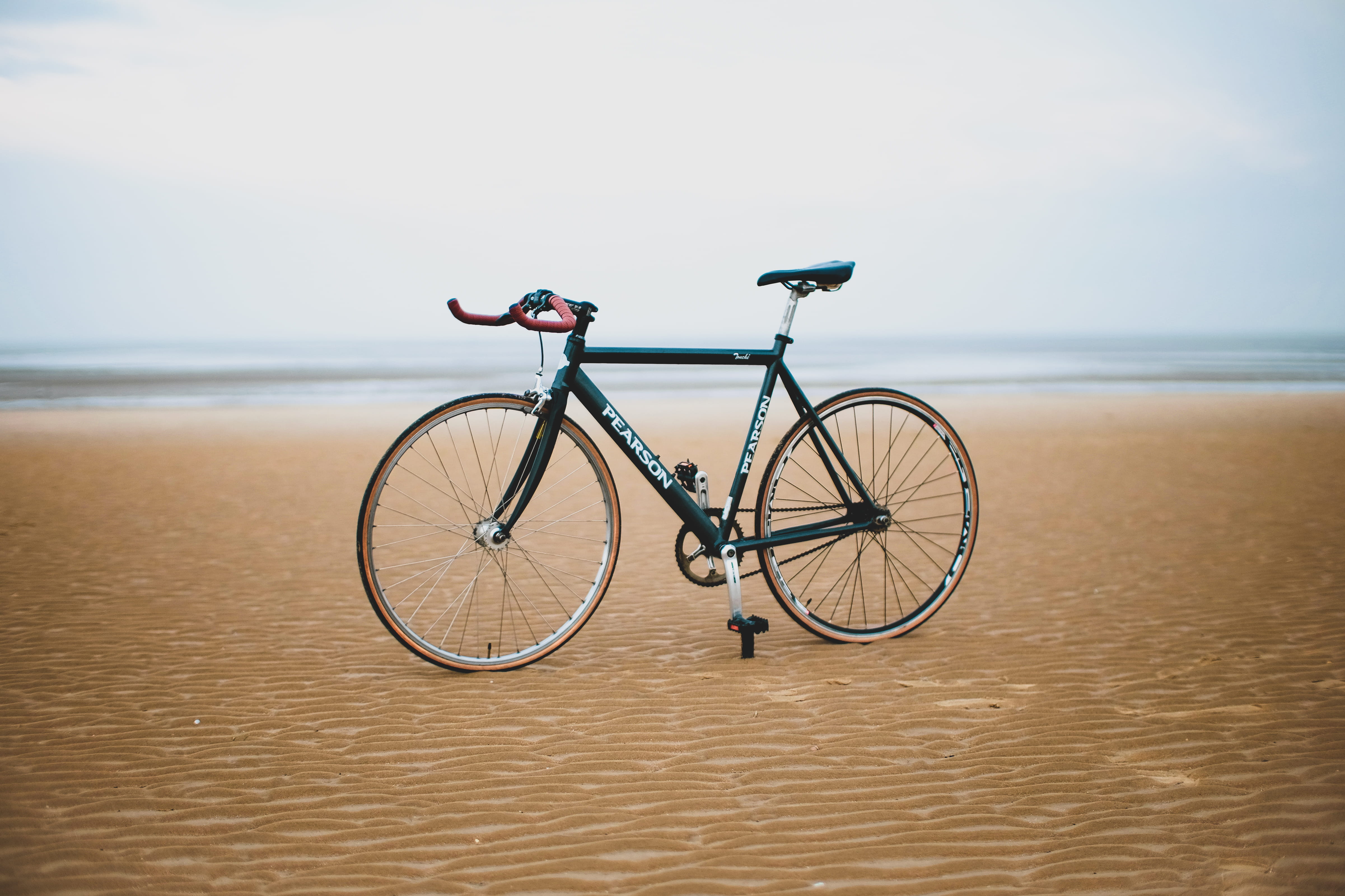 background, black, water, road, coast, fixie, transportation, ocean, beauty in nature, tranquil scene, minimalist, sandy beach, vehicle, stationary, 4K, HD Wallpaper