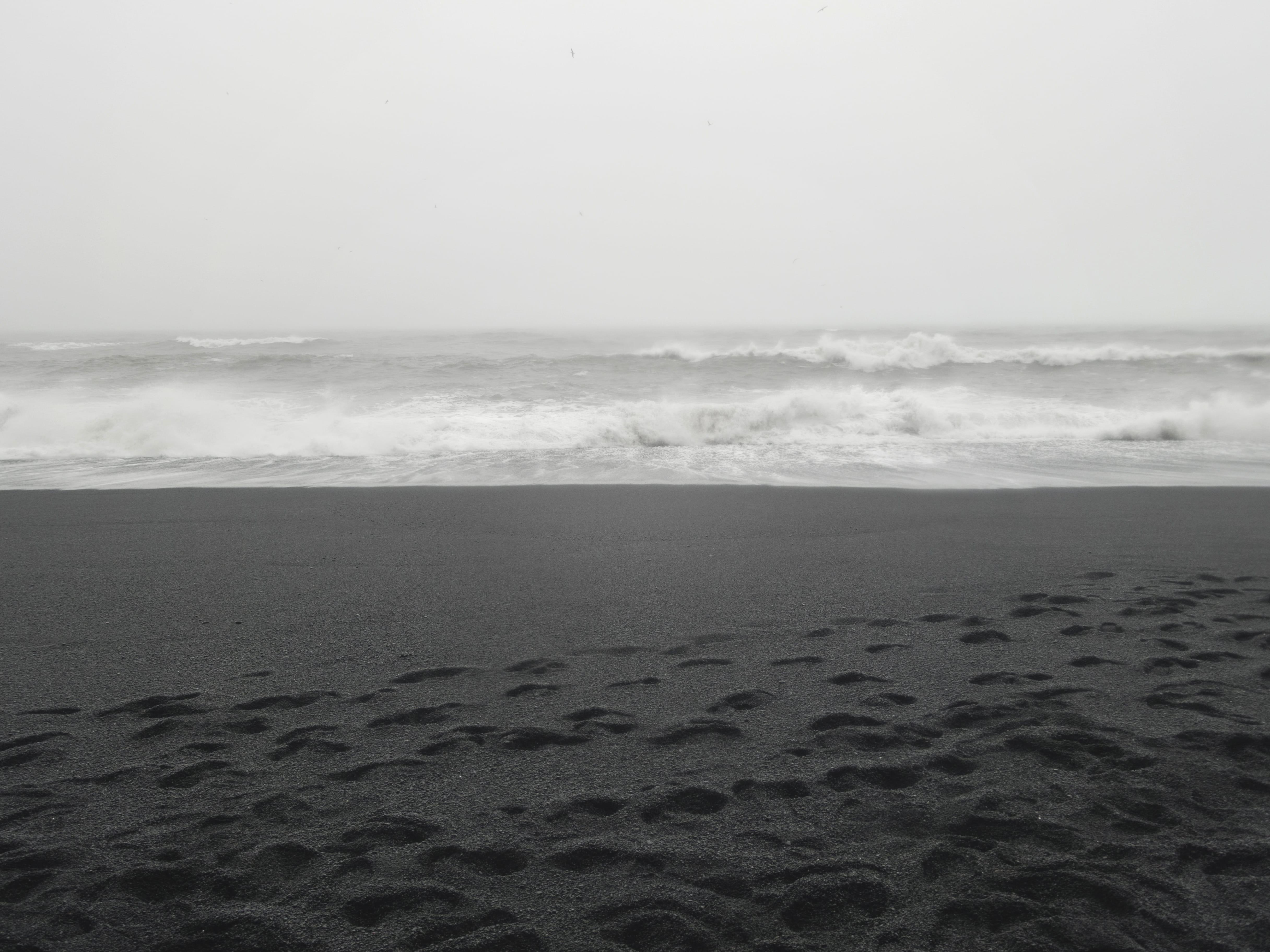 travel, iceland, sport, shore, cloud - sky, outdoors, lines, reynisfjara, beach, horizontal, horizon over water, land, waves, muted, beauty in nature, minimal, HD Wallpaper