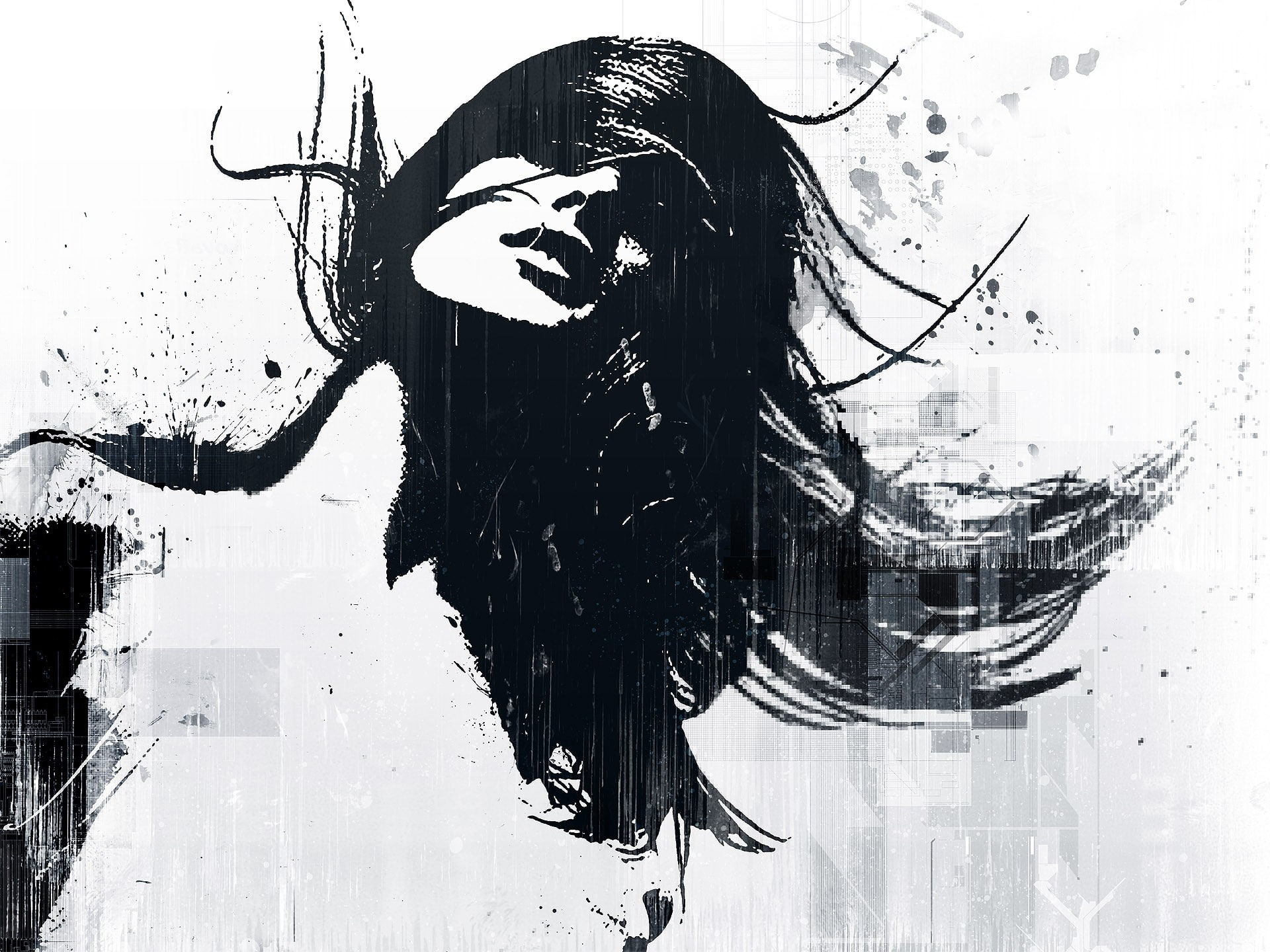 artwork, hair in face, Alex Cherry, paint splatter, monochrome, 1080P, women, HD Wallpaper