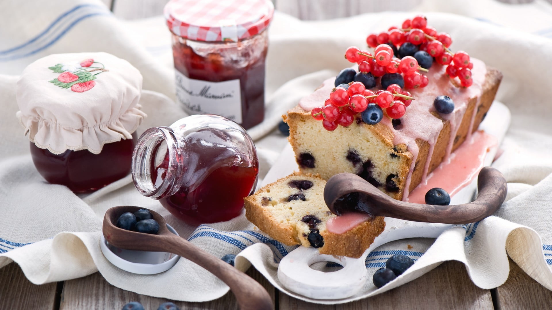 healthy eating, household equipment, spoon, meal, fruit, berry fruit, eating utensil, freshness, ready-to-eat, bread, blueberries, jelly, 1080P, indoors, HD Wallpaper