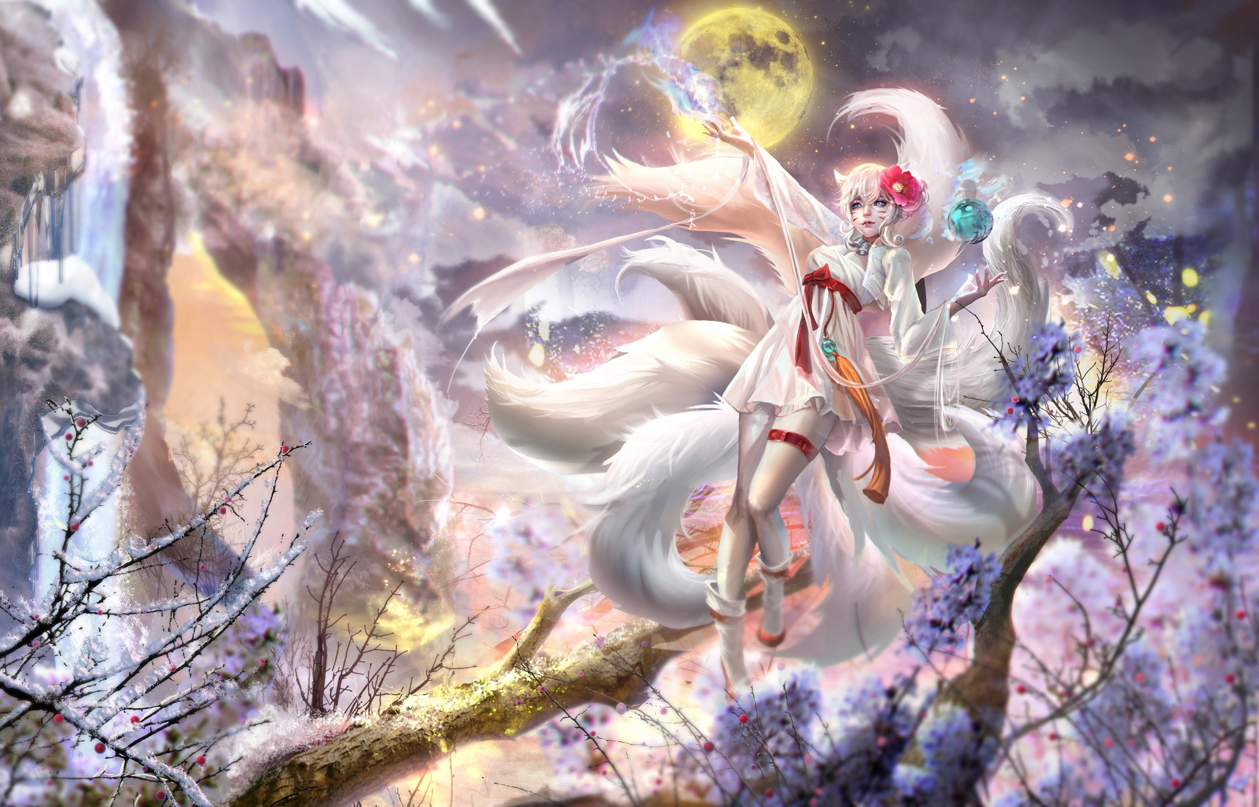 springtime, beauty in nature, fox, nature, day, outdoors, multi colored, blossom, plant, freshness, digital composite, nine tails, no people, moon, park - man made space, HD Wallpaper