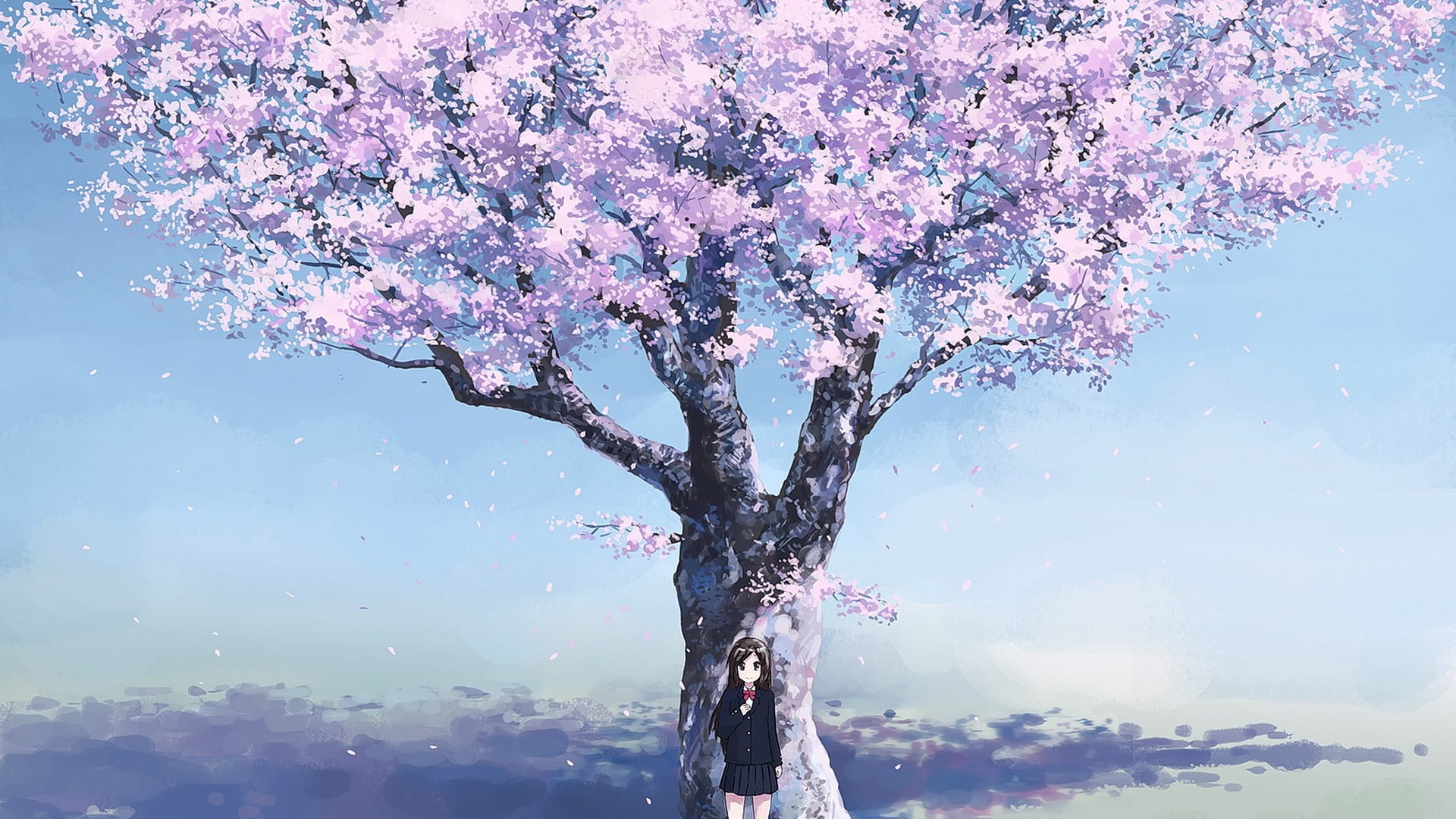cherry blossom, anime girls, brunette, anime, school uniform, sky, 1080P, original characters, HD Wallpaper