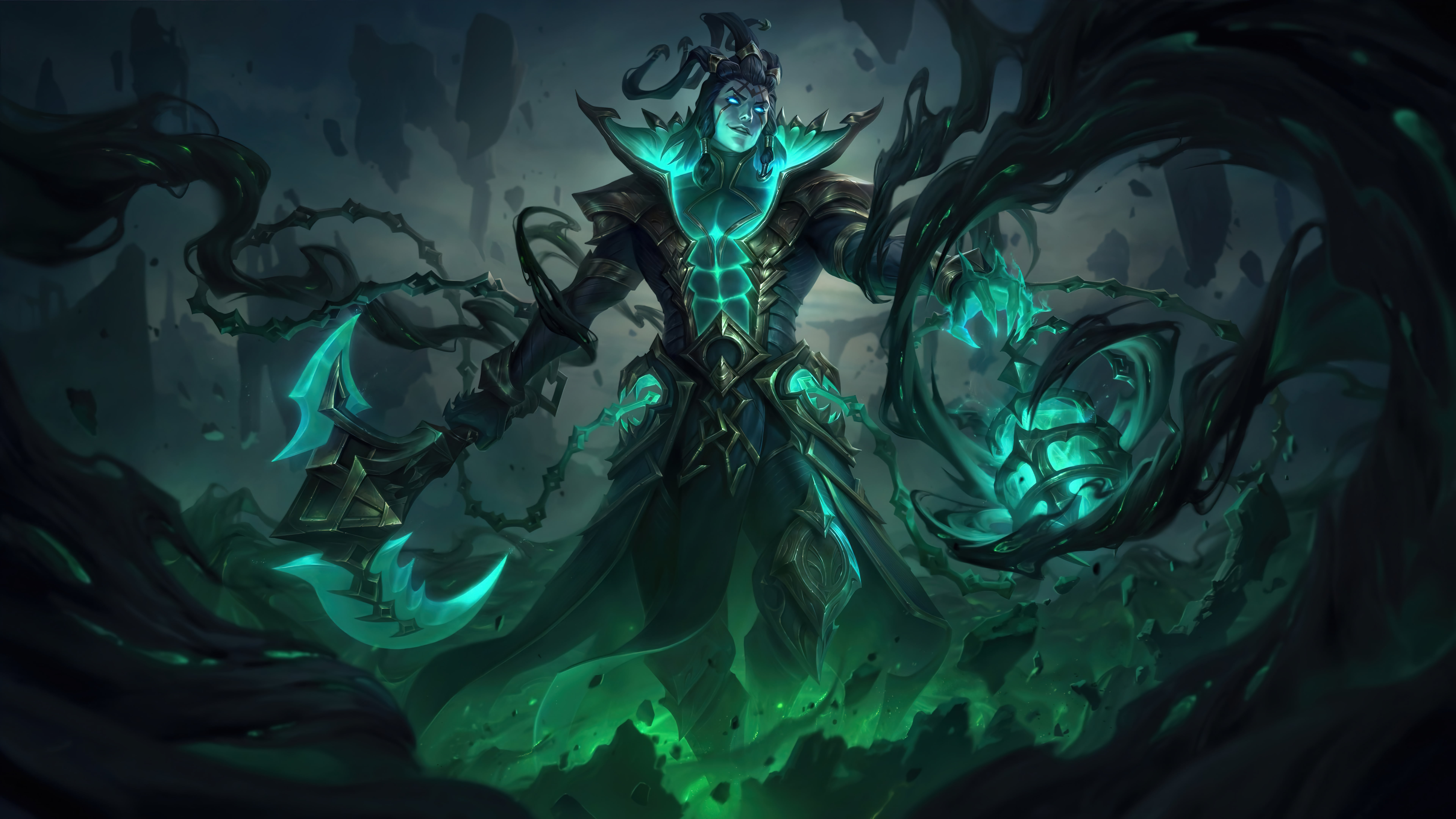 League of Legends (Evelynn), sup, Ruined, Thresh, 4K, Support (League Of Legends), 8K, Thresh (League Of Legends), digital art, Riot Games, shadow, HD Wallpaper