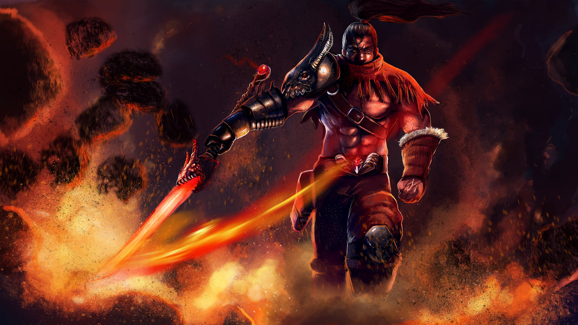 sword, red, flame, adult, futuristic, hell, fire, burning, motion, activity, competition, illustration, danger, 1080P, arts culture and entertainment, HD Wallpaper