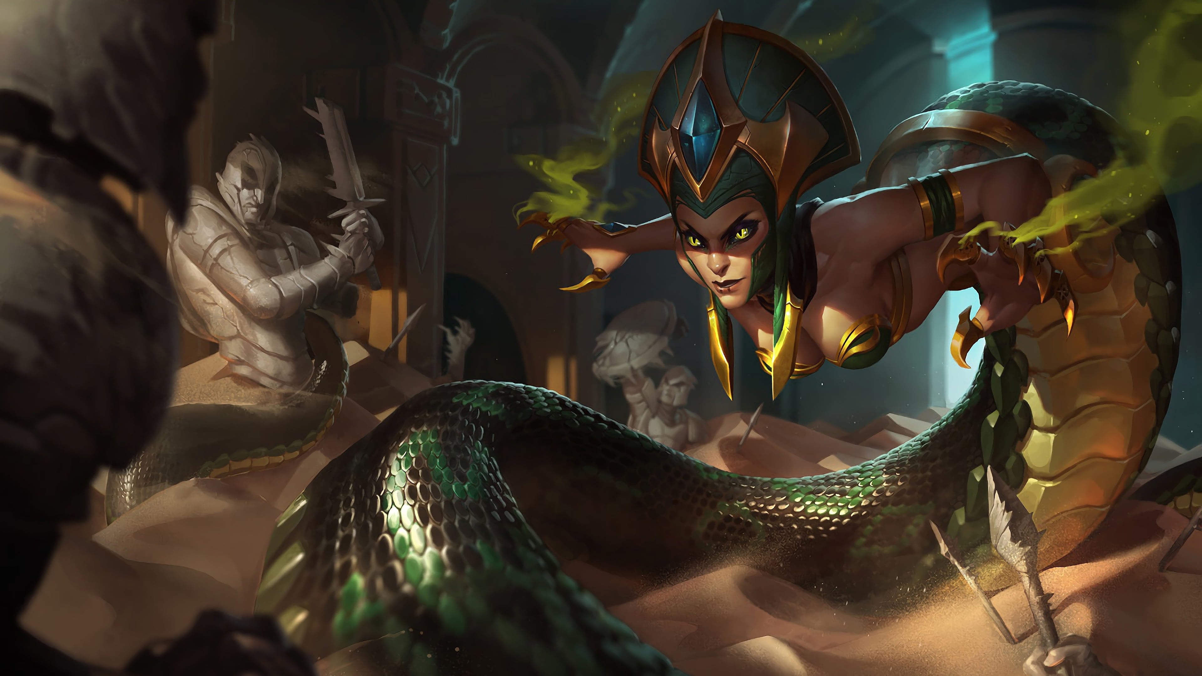 4K, Tail, Claws, Game, Shield, LoL, Riot Games, League of legends, Sand, Eyes, Stone statues, Sword, The game, Cassiopeia, Snake, HD Wallpaper