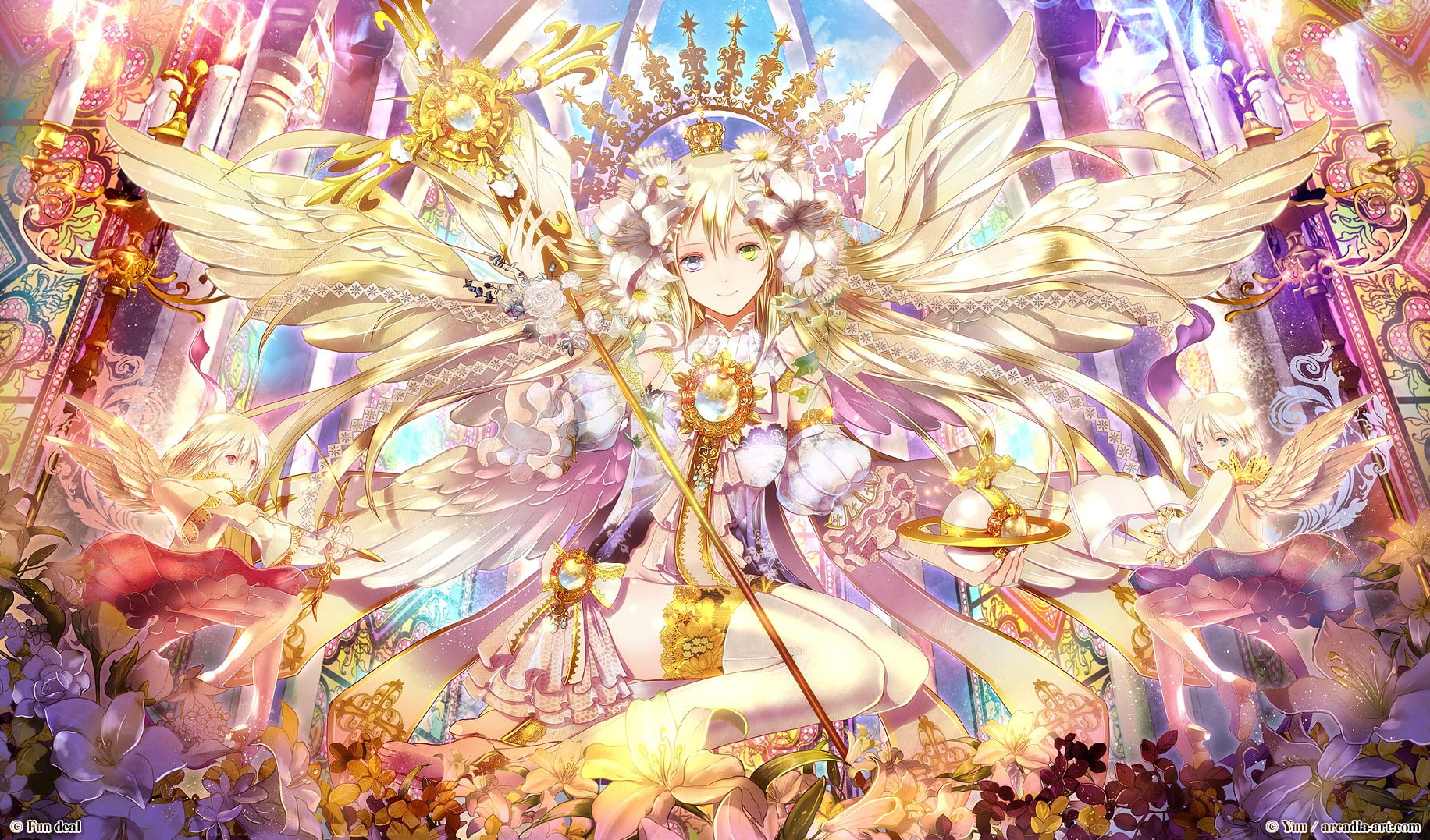 heterochromia, books, crown, smiling, flowers, blonde, dress, anime, painted nails, bow, 720P, candles, angel, Chamomile, white legwear, wings, anime girls, HD Wallpaper