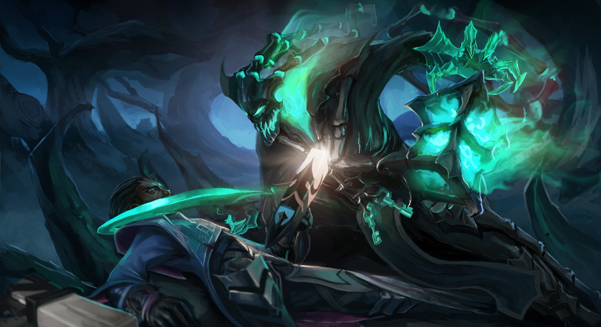 textile, Video Game, 1080P, blue, lighting equipment, Dark, Lucian (League Of Legends), League Of Legends, long exposure, multi colored, glowing, thresh, HD Wallpaper