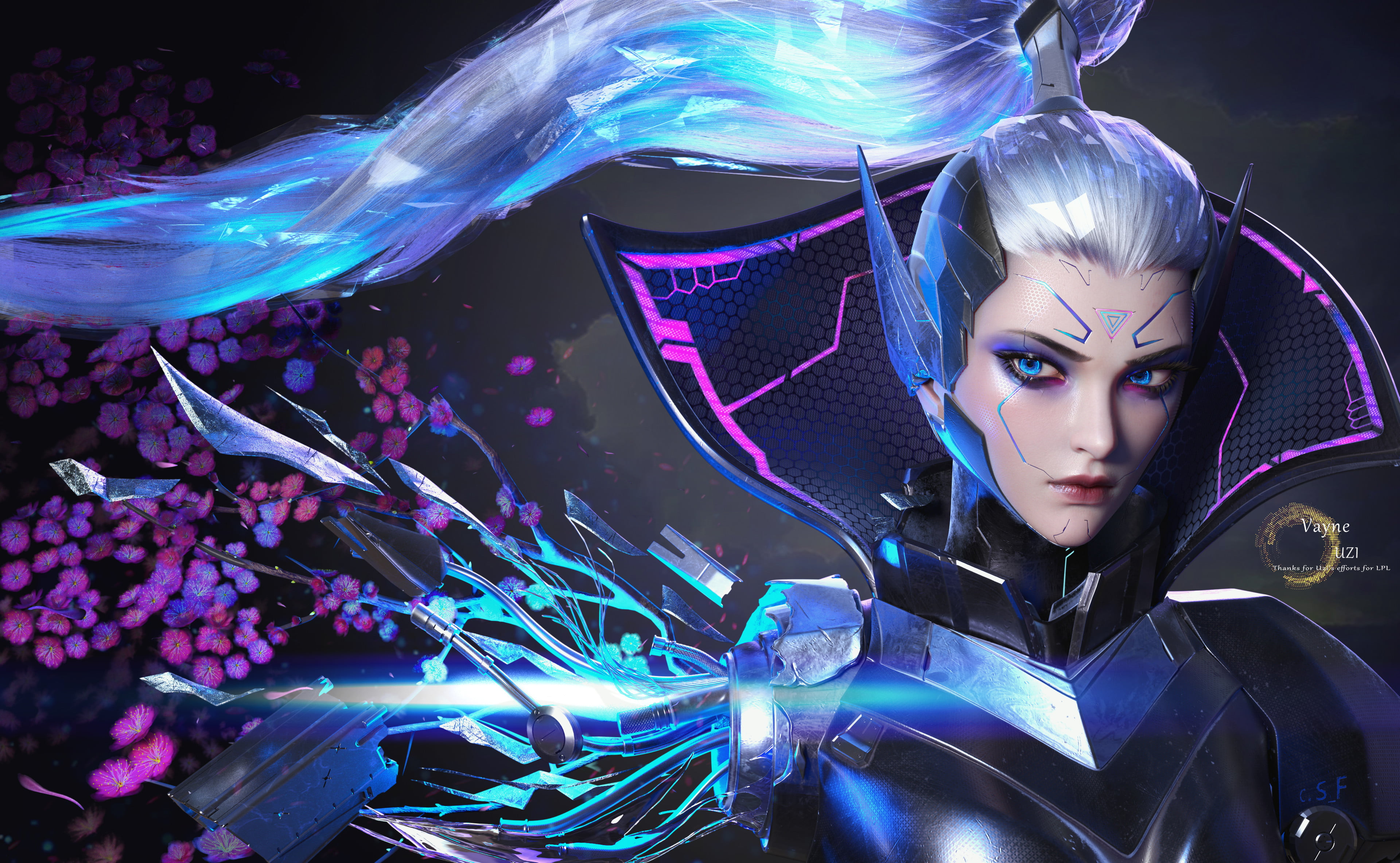 Yihao Ren, cyborg, blue eyes, cyberpunk, 4K, portrait, science fiction, Vayne (League of Legends), glowing eyes, Vayne, League of Legends, ponytail, CGI, HD Wallpaper