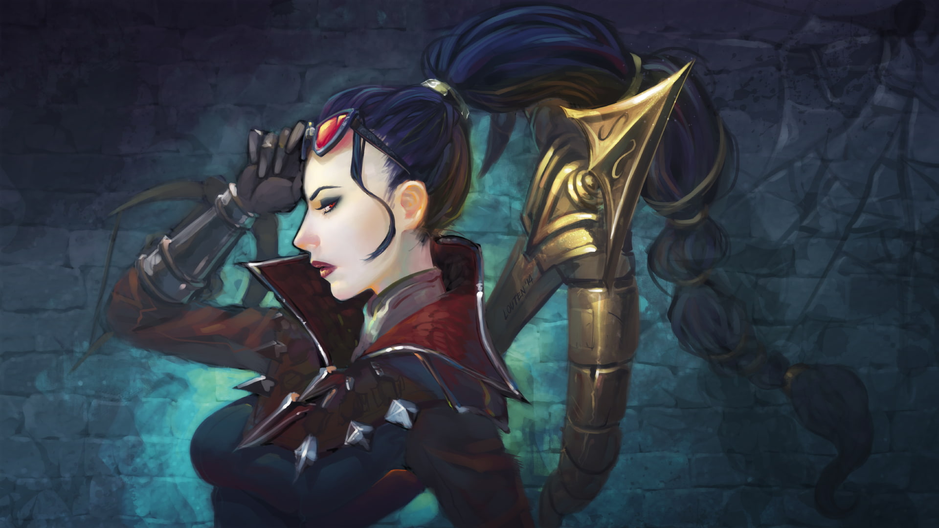 fantasy girl, lipstick, women, crossbow, blue background, video games, arm braces, red eyes, 1080P, eyeshadow, Vayne (League of Legends), League of Legends, HD Wallpaper