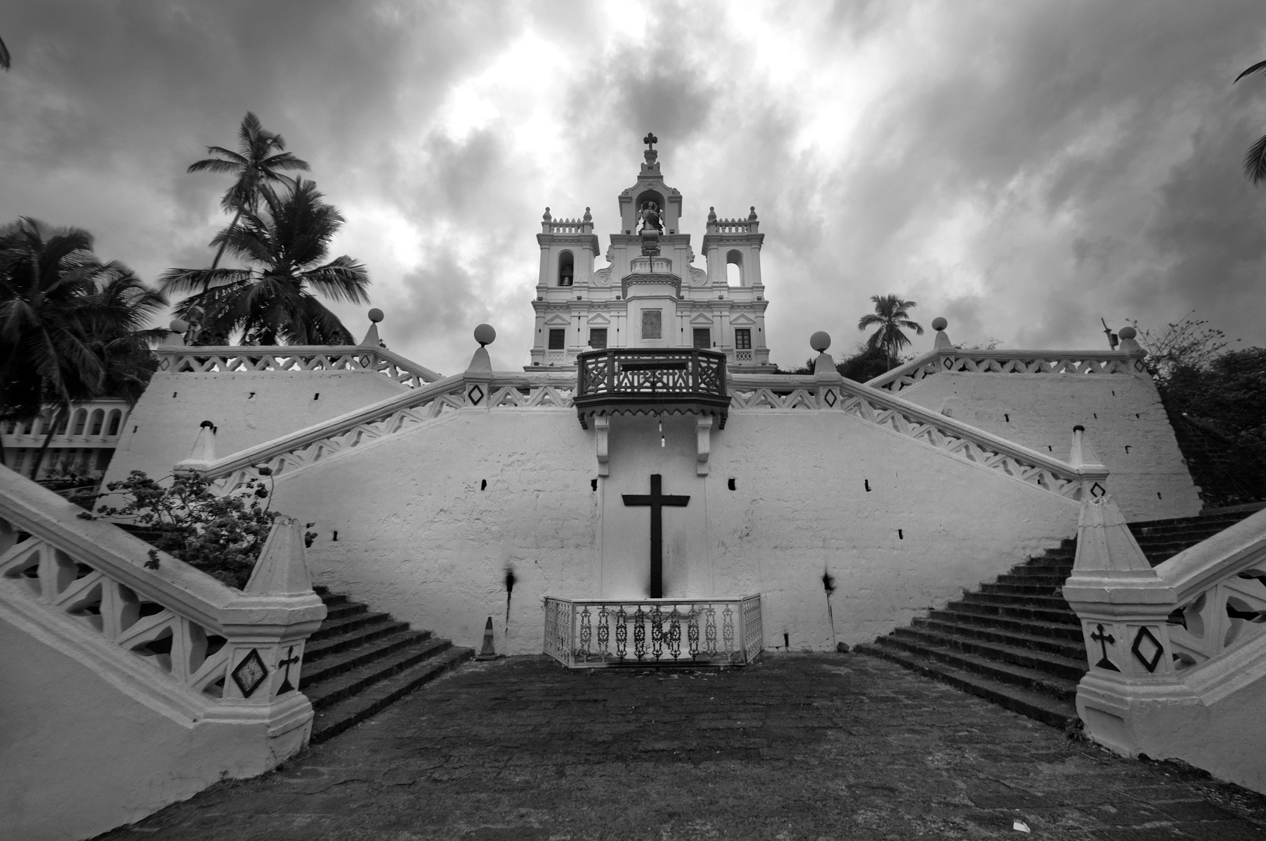 church, old, tropical climate, sky, cloud - sky, holy, built structure, photo, traditional, colonial, spirituality, christianity, cathedral, greyscale, HD Wallpaper