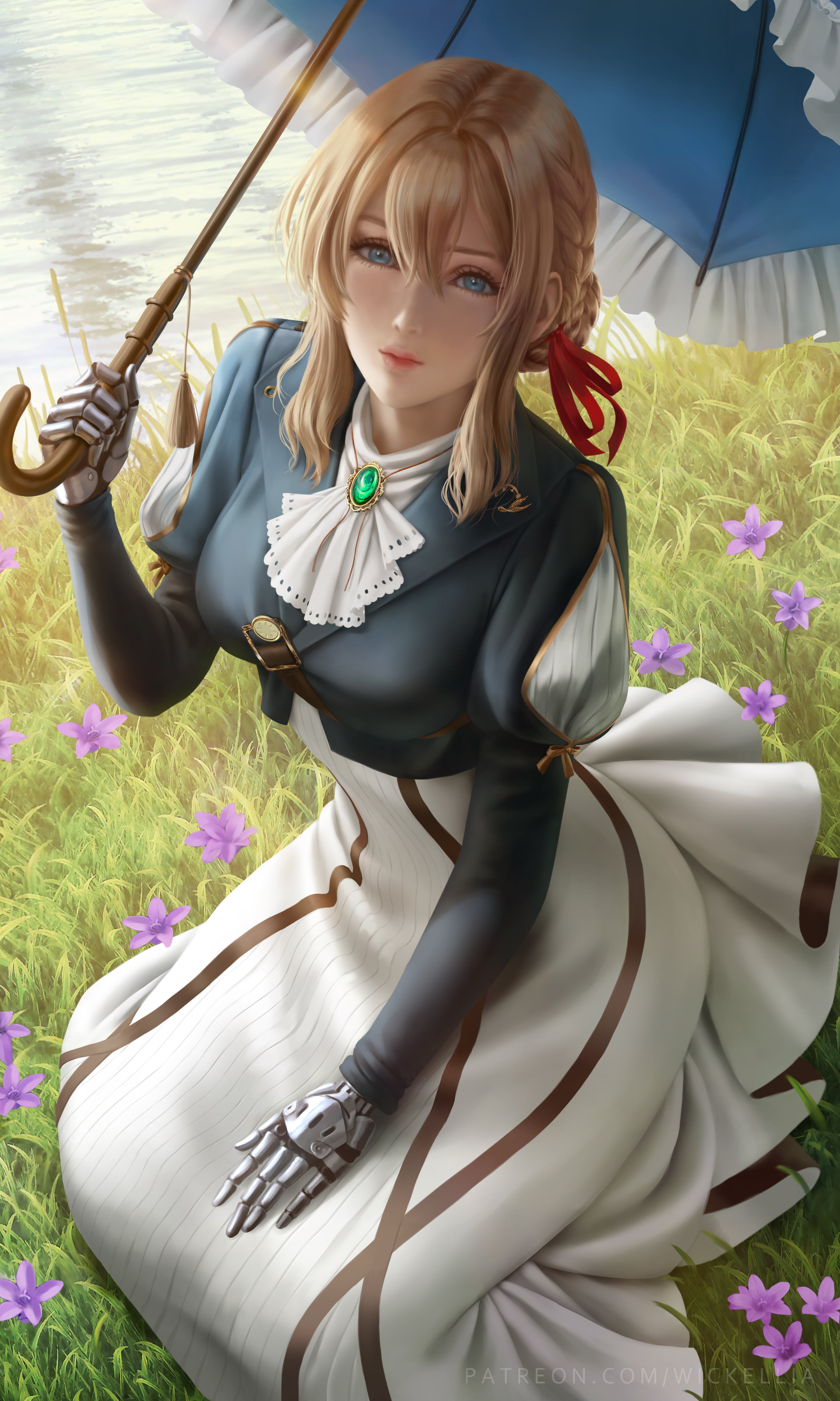 umbrella, cyberpunk, blonde, anime girls, digital art, Violet Evergarden, illustration, ribbon, fan art, Wickellia, anime, 4K, artwork, blue eyes, drawing, Phone HD Wallpaper