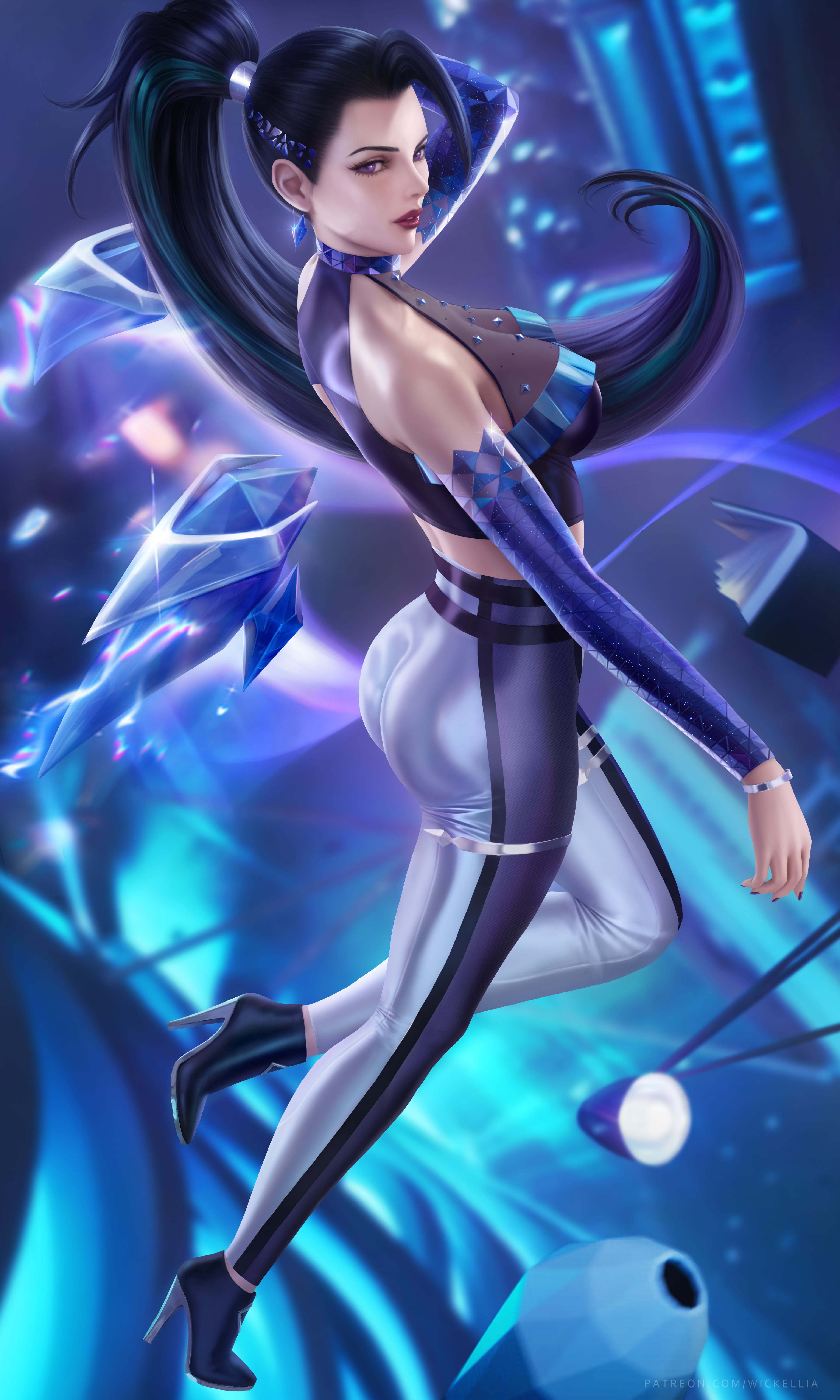 digital art, high heels, arm warmers, artwork, crop top, Wickellia, illustration, video game girls, purple eyes, League of Legends, looking at viewer, black hair, Phone HD Wallpaper