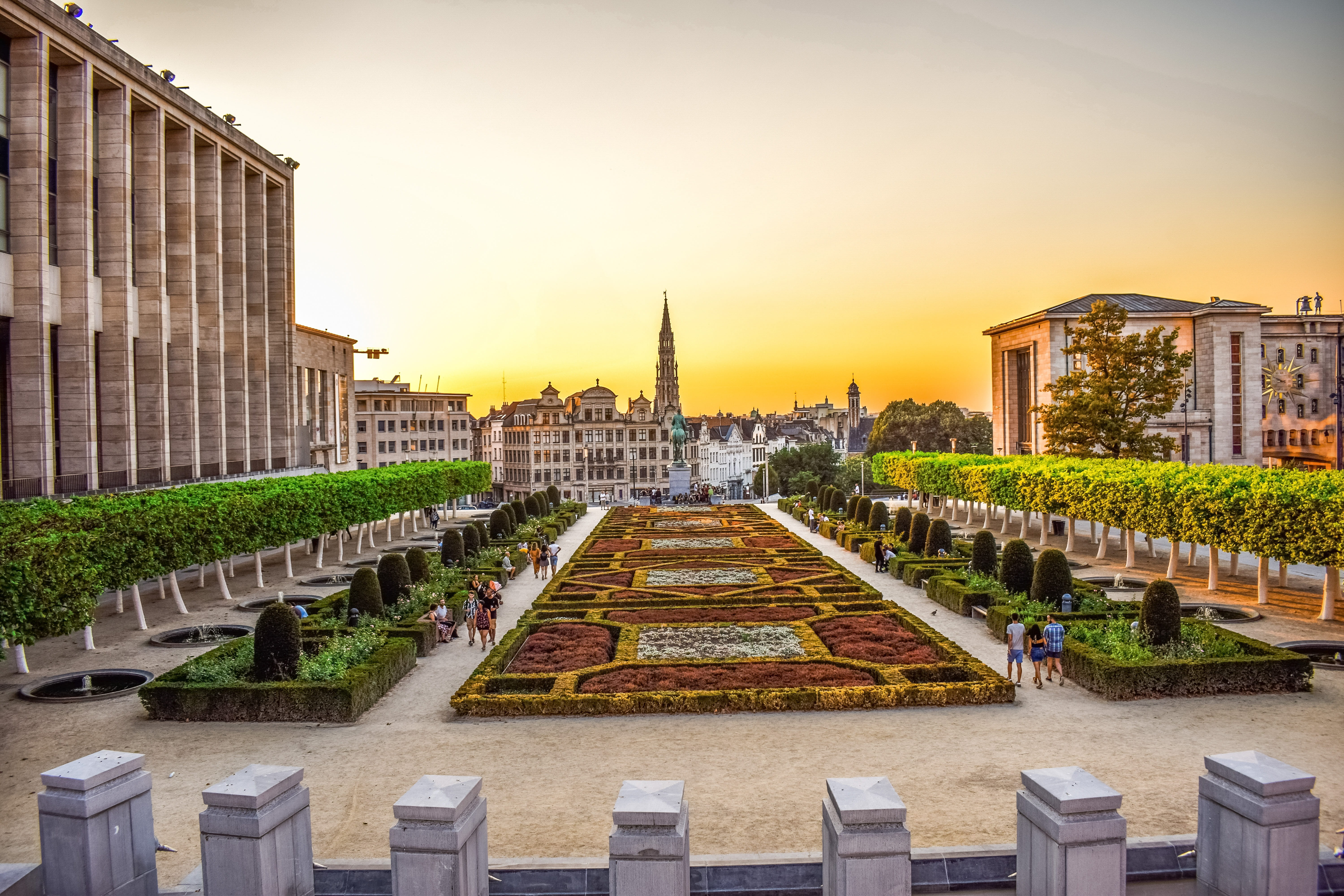 5K, sunset, afternoon, flowerbed, plant, brussels, travel, history, outdoors, nature, belgium, memorial, the past, tourism, in a row, building exterior, HD Wallpaper