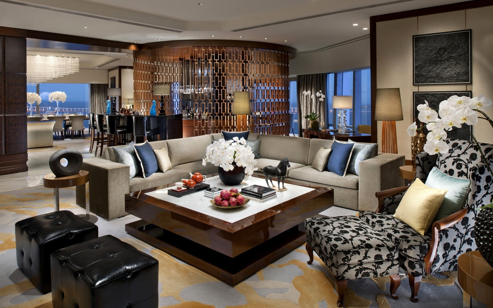built structure, home, no People, interior, black, domestic Room, residential District, table, room, apartment, brown, 720P, modern, vase, sofa, pillow, HD Wallpaper