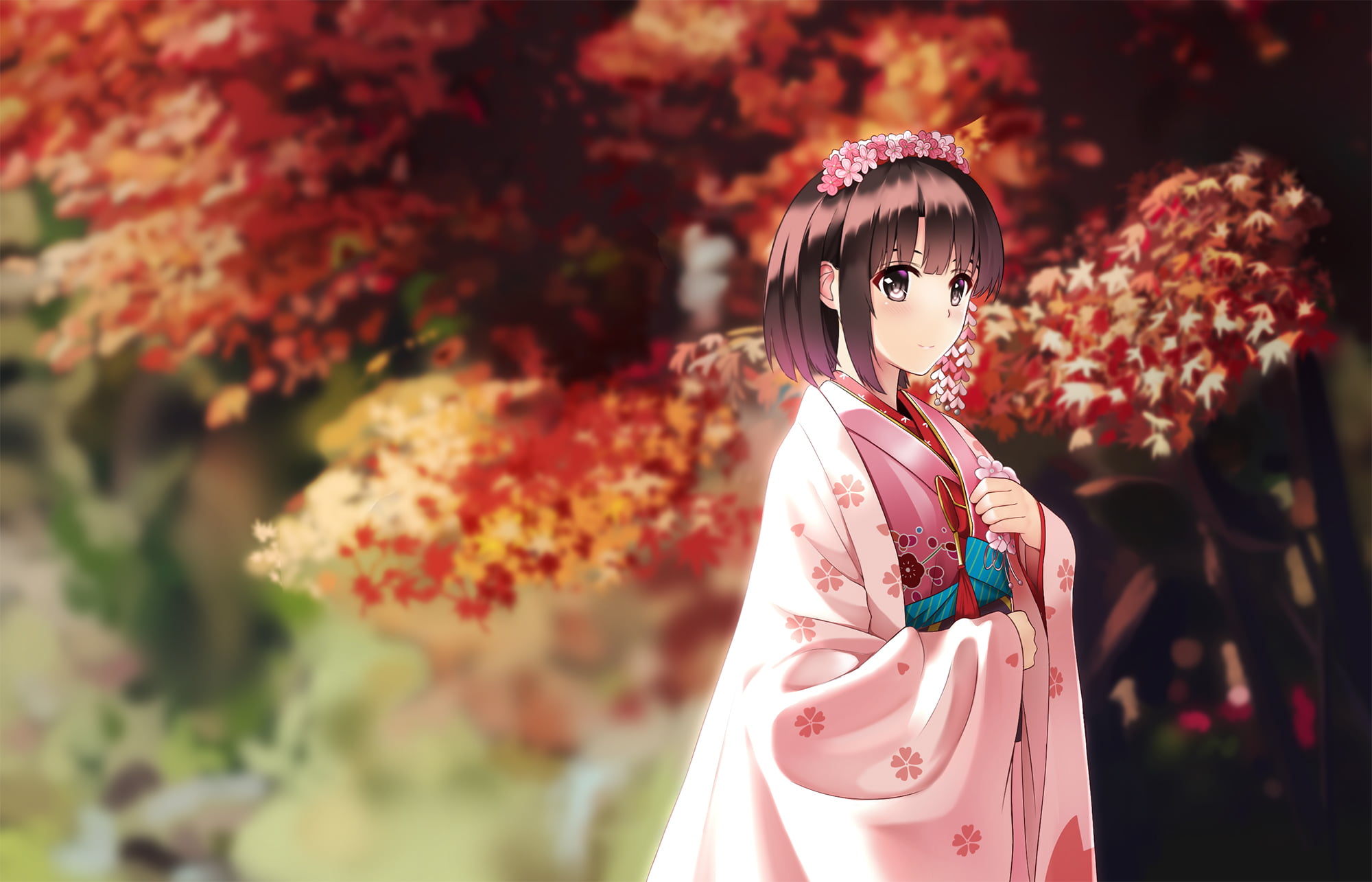 leaves, anime girls, tree, nature, 1080P, childhood, day, autumn, hairstyle, leisure activity, looking at camera, Saenai Heroine no Sodatekata, portrait, HD Wallpaper