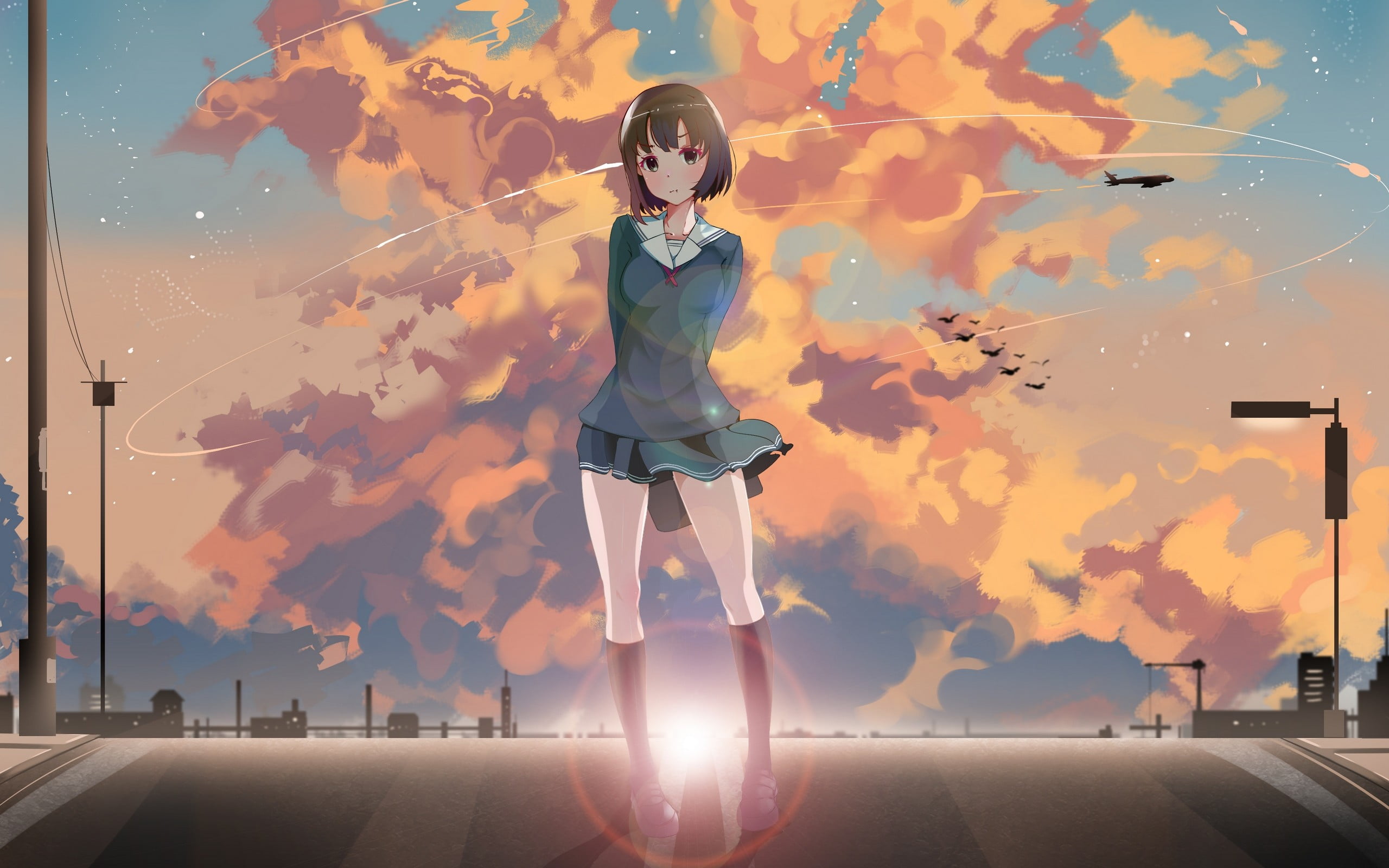 anime girls, digital composite, nature, child, standing, sunlight, one person, school uniform, clothing, childhood, outdoors, orange color, airplane, anime, HD Wallpaper