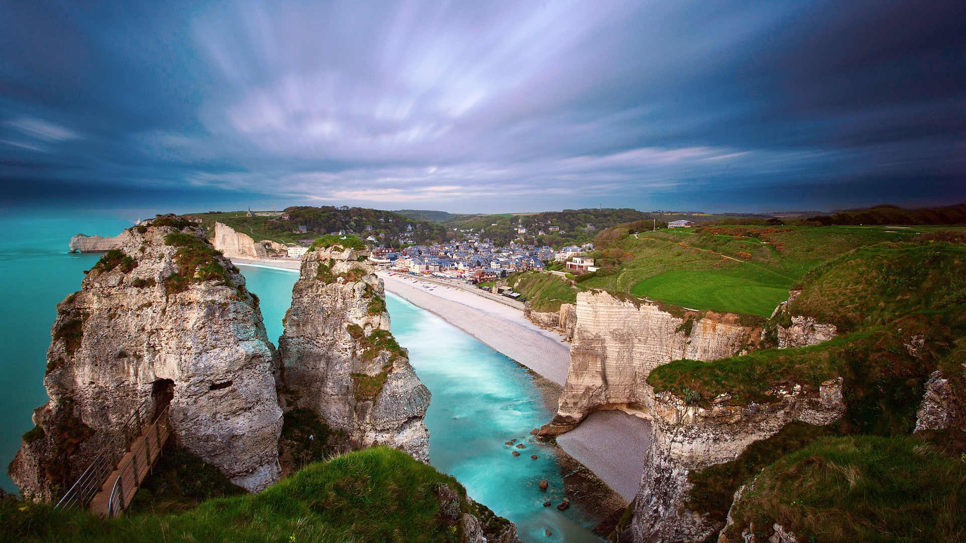 long exposure, Plage dÉtretat, town, 1080P, field, nature, house, water, bridge, landscape, sea, France, rock, coast, Étretat, clouds, cliff, grass, beach, HD Wallpaper