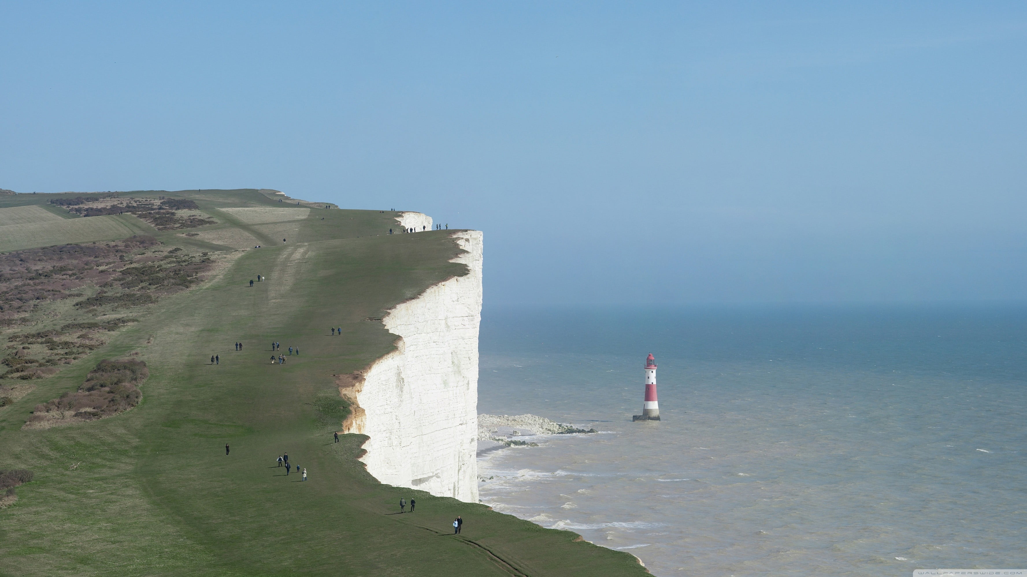 day, people, cliff, beauty in nature, beach, sea, untitled, non-urban scene, lighthouse, tranquility, Cliffs of Dover, nature, clear sky, water, sky, blue, HD Wallpaper