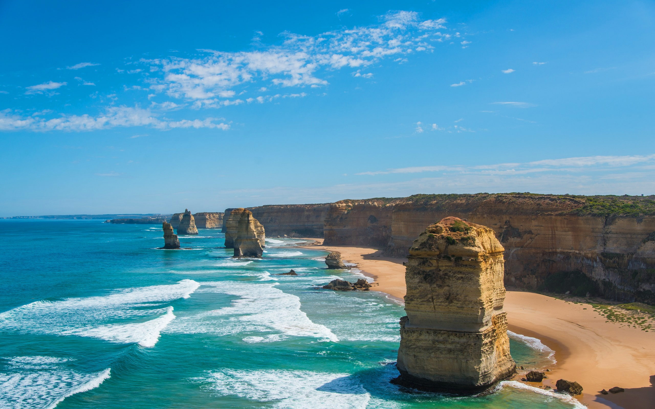 australia, rock, beach, clouds, Sea, apostles, sky, victoria, twelve, 2K, cliff, Nature, Ocean, HD Wallpaper