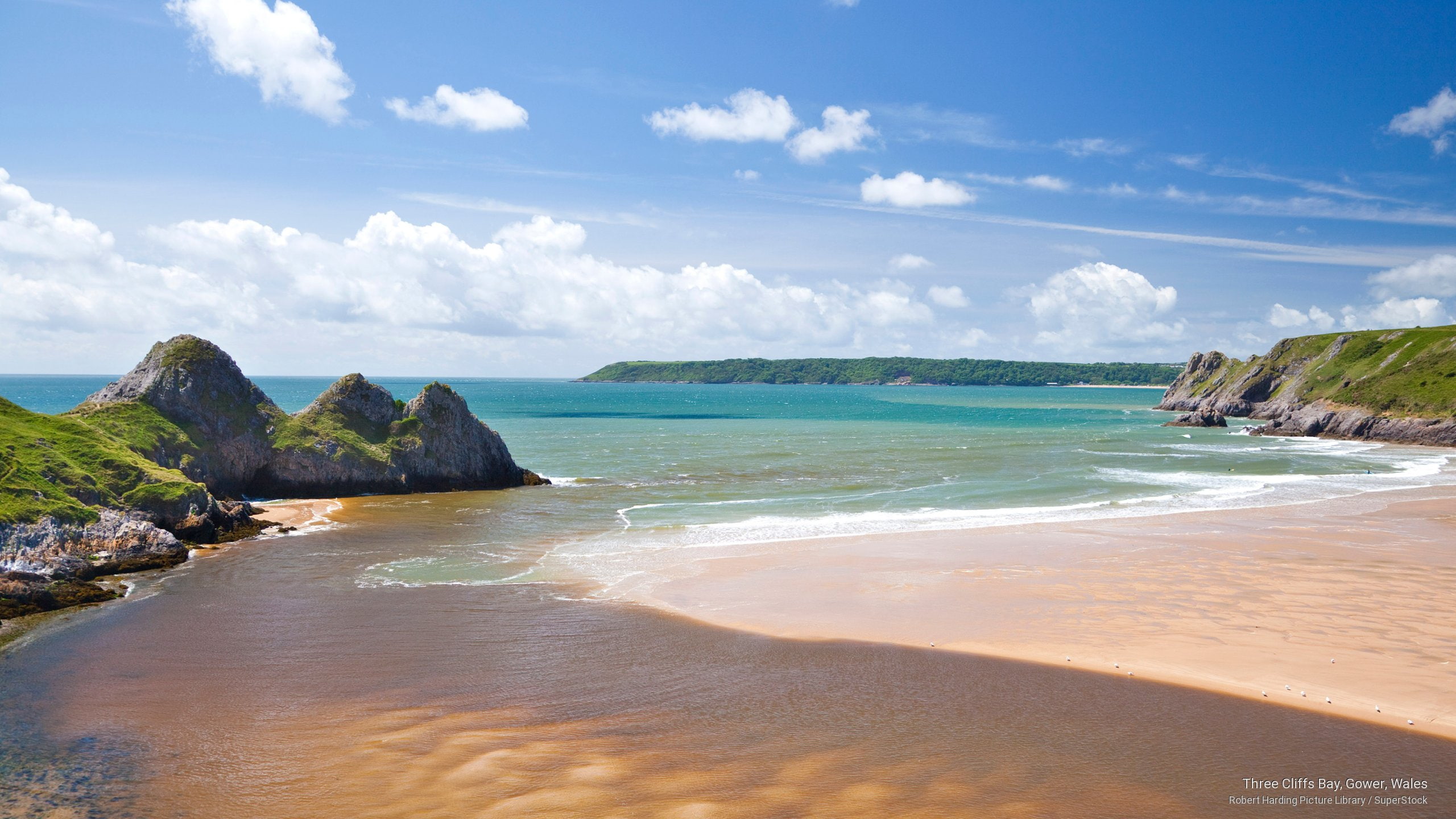 bay, Beaches, three, wales, cliffs, gower, 2K, HD Wallpaper