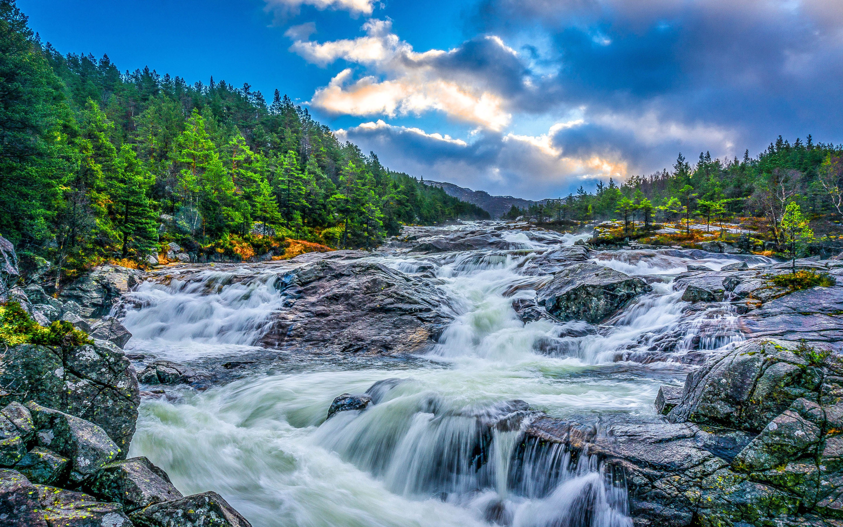 cloud, motion, pine, rock - object, power in nature, cloud - sky, river, outdoors, riverbed, sky, waterfall, solid, hd, nature, beauty in nature, rock, HD Wallpaper