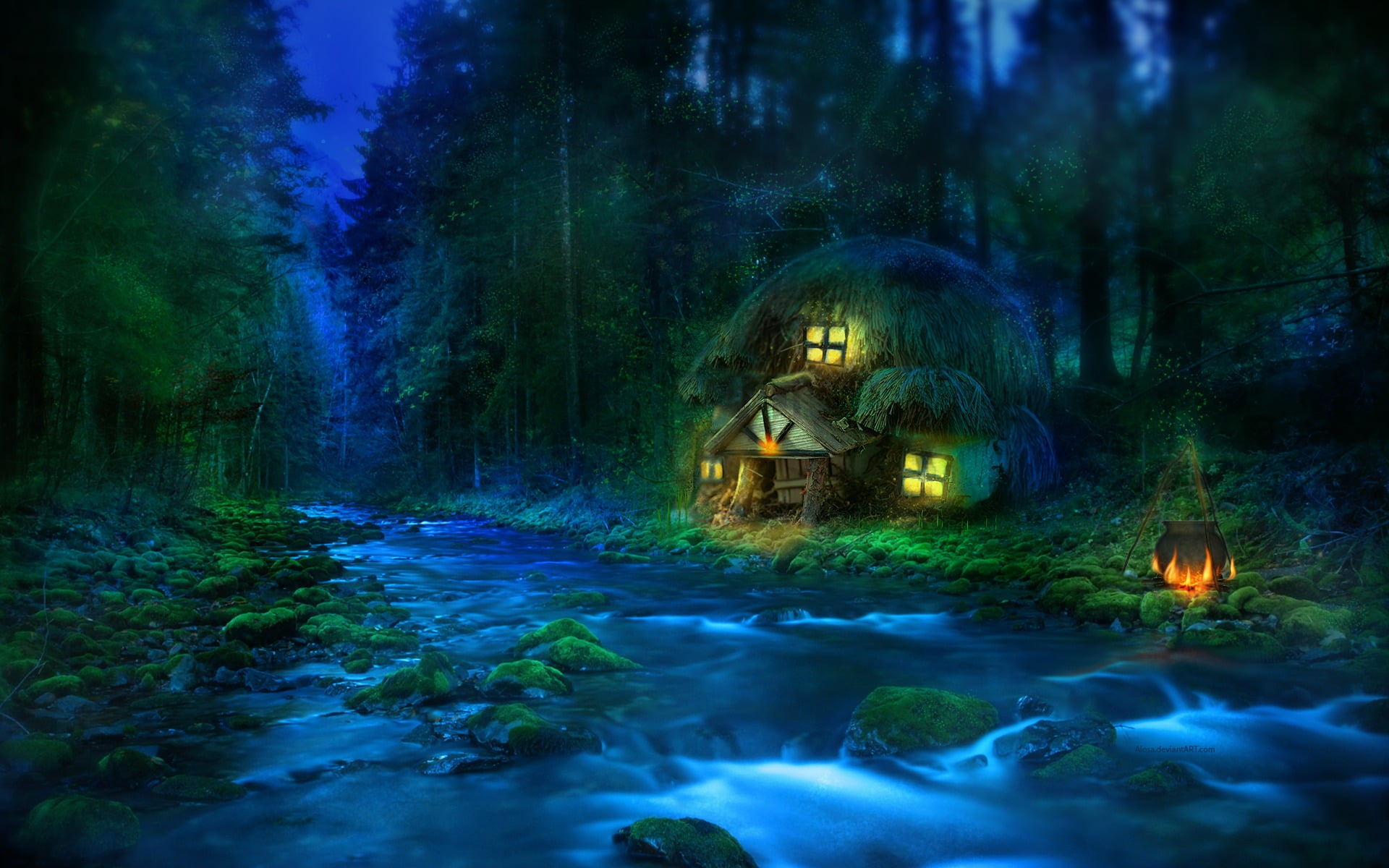 backgrounds, landscape, outdoors, tree, water, flowing water, spooky, no people, 1080P, night, tranquility, illuminated, woodland, scenics, riverbed, glowing, HD Wallpaper