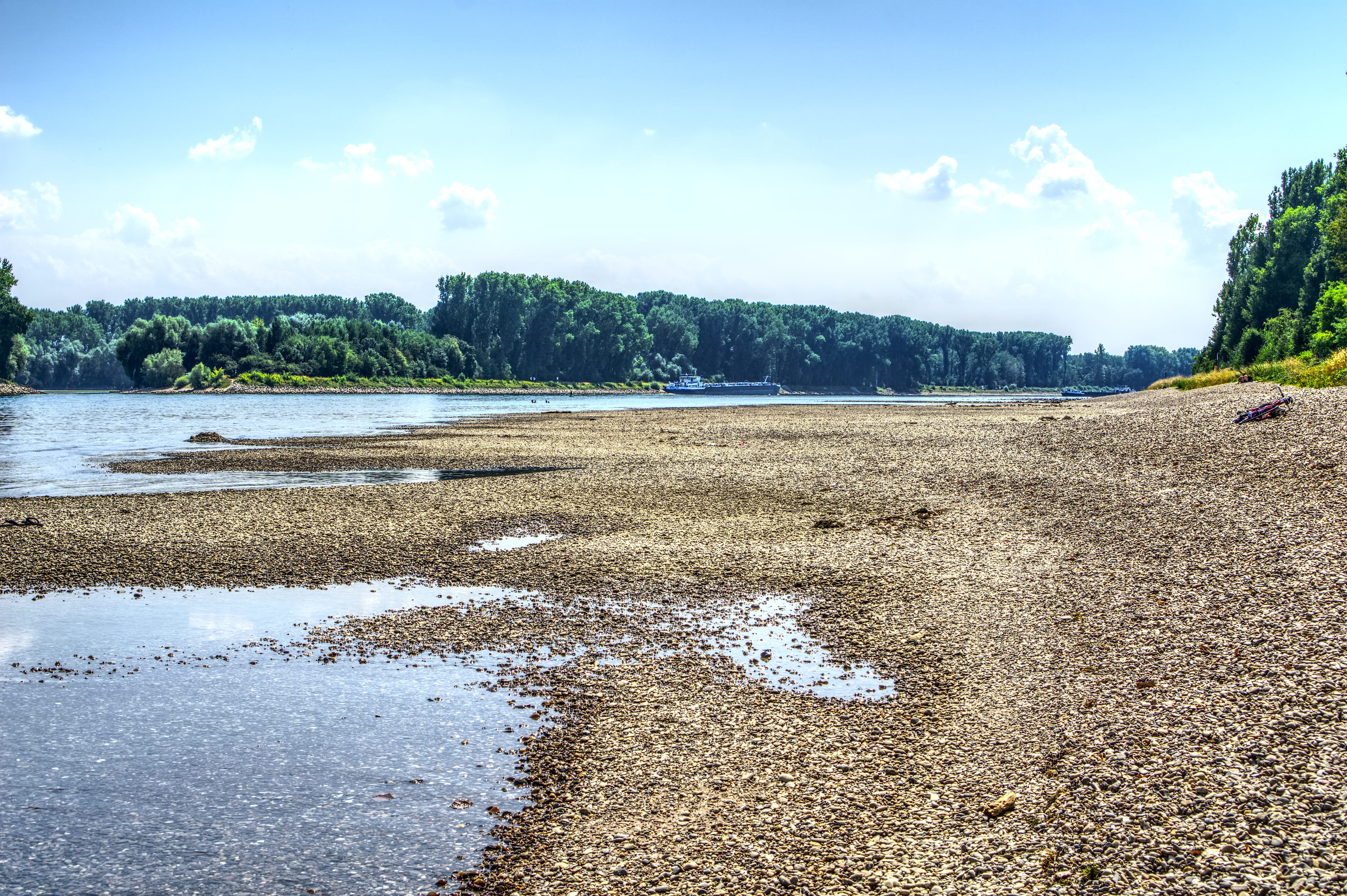 low tide, pebble, river, tree, non-urban scene, shipping, beauty in nature, 5K, outdoors, beach, tranquility, plant, ship, tranquil scene, blue, swim, HD Wallpaper