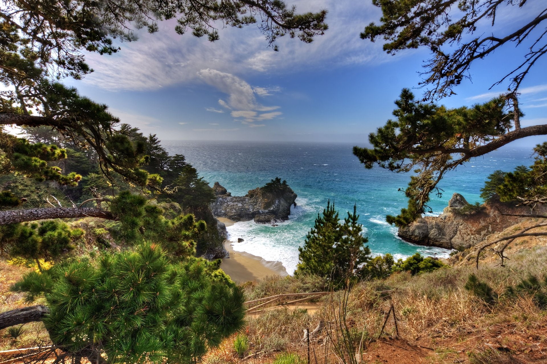 McWay Falls, 1080P, Coast, Tree, Big Sur, Ocean, California, Earth, Rock, Coastline, Mountain, Horizon, Julia Pfeiffer Burns State Park, Sea, HD Wallpaper