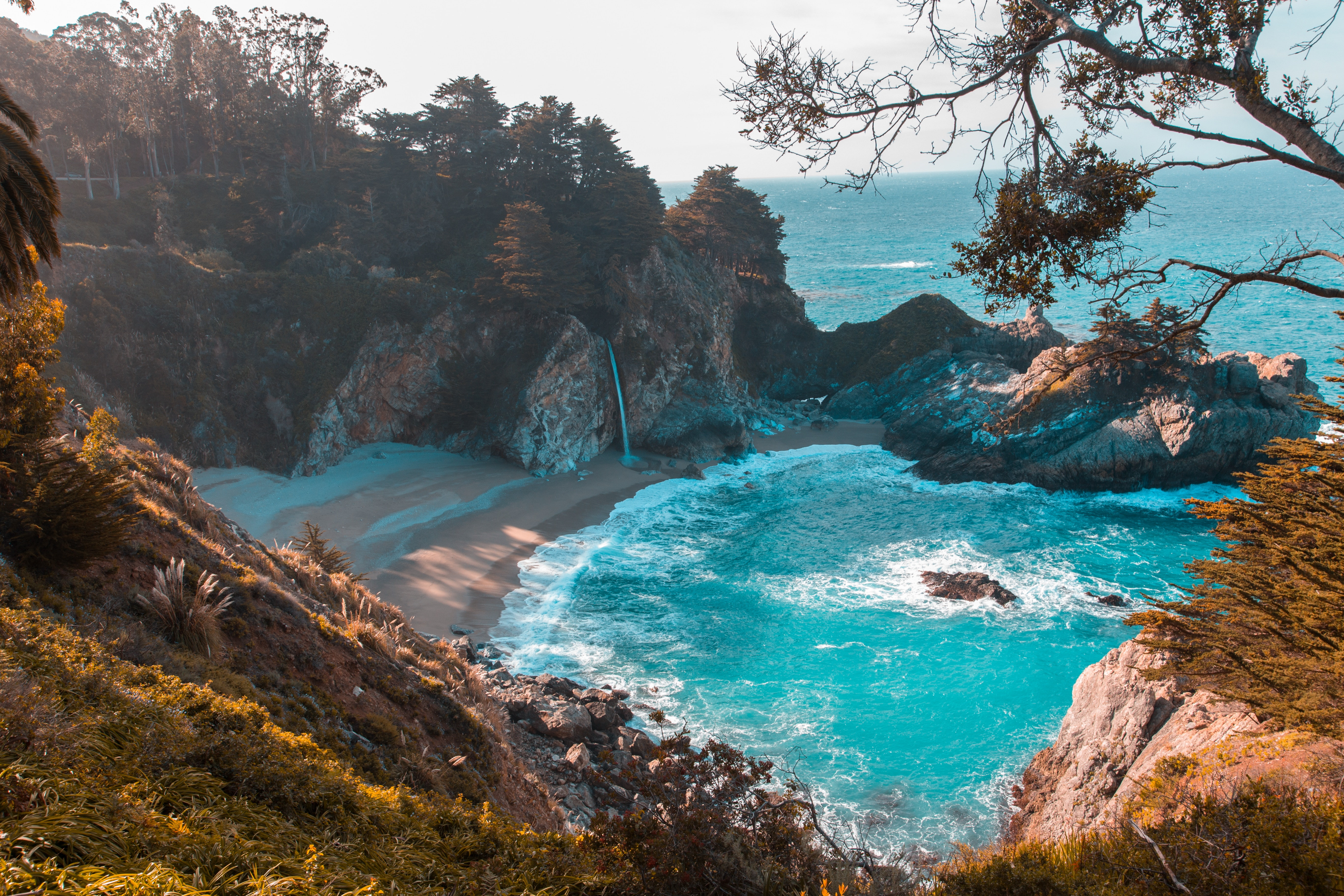 Big Sur, sea, water, trees, landscape, nature, Pfeiffer Big Sur State Park, rocks, 5K, blue, HD Wallpaper
