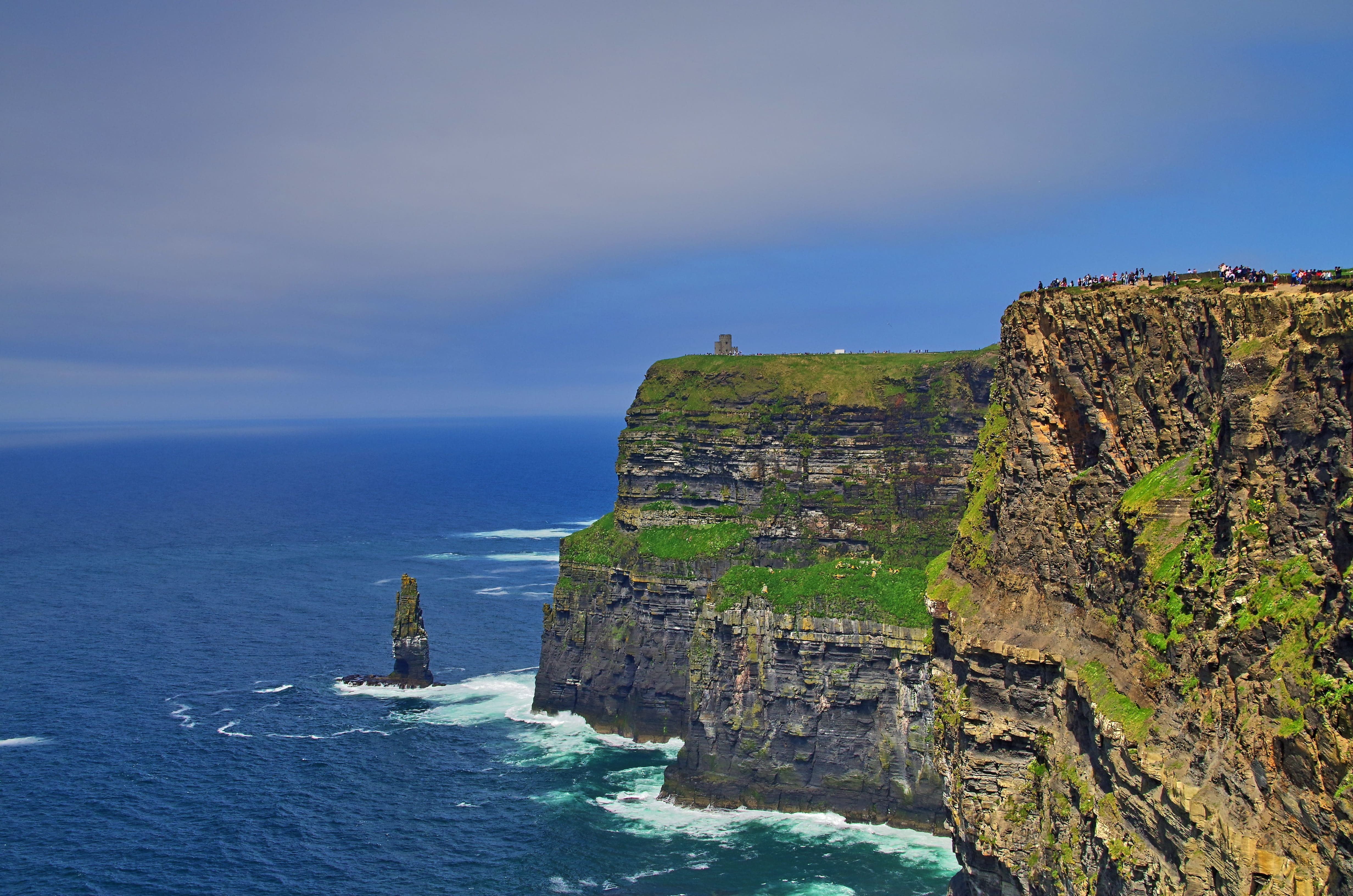 land, surrounded, ocean, body, cliffs of moher munster, tranquil scene, tranquility, rock formation, ireland, beach, beauty in nature, cliff, water, rock - object, HD Wallpaper