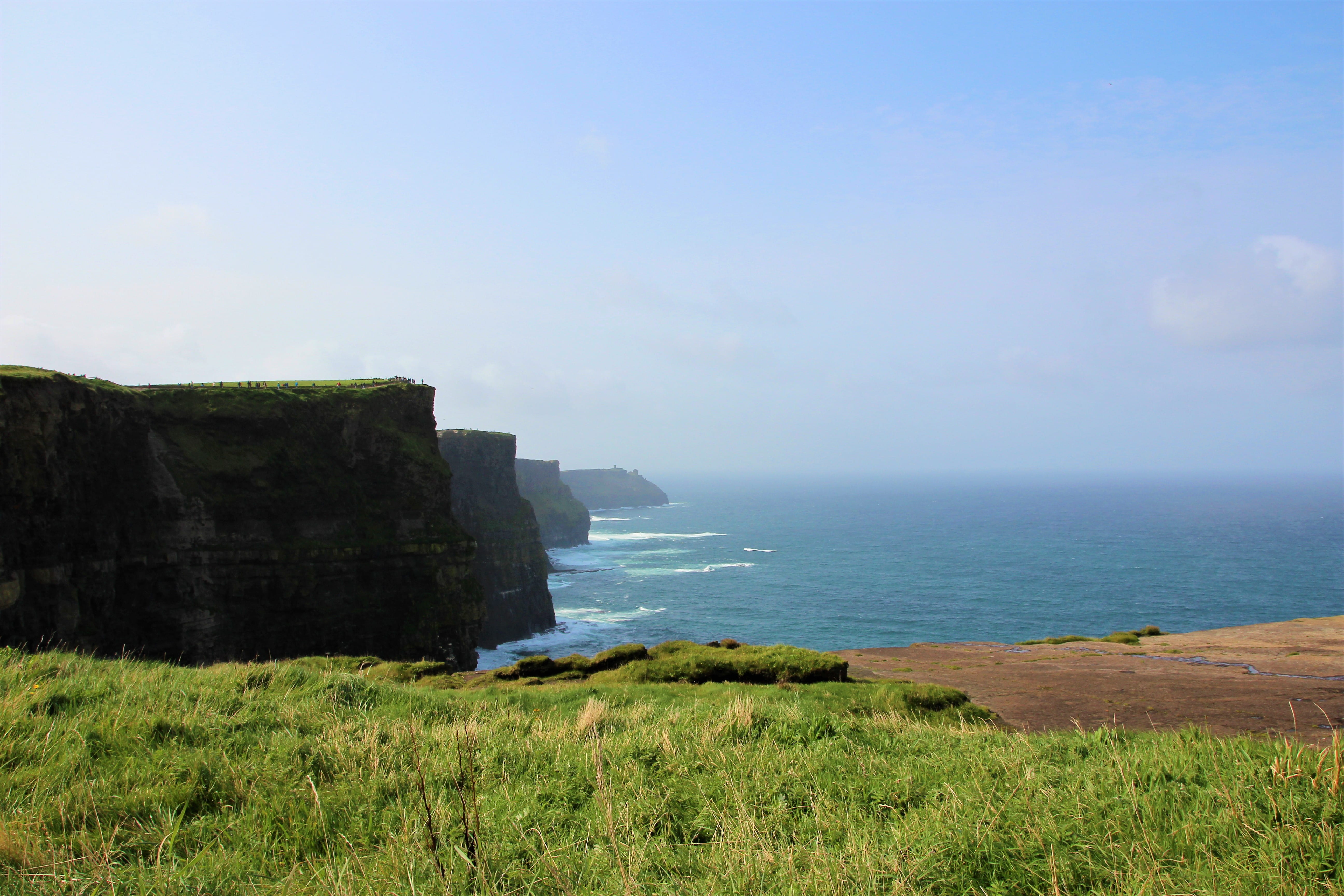 blue, water, destination, tranquil scene, scenics - nature, landscape, moher, cliffs, plant, field, rock, no people, beauty in nature, green, emerald, grass, HD Wallpaper
