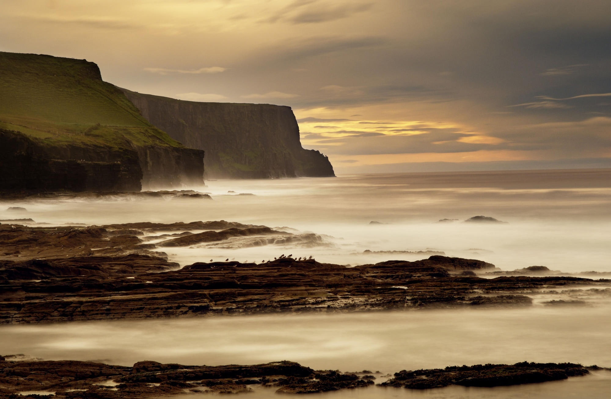 sky, brown, Cliffs, outdoors, sea, long exposure, Europe, sunset, county clare, flowing water, mountains, tranquil scene, cloud - sky, land, environment, HD Wallpaper