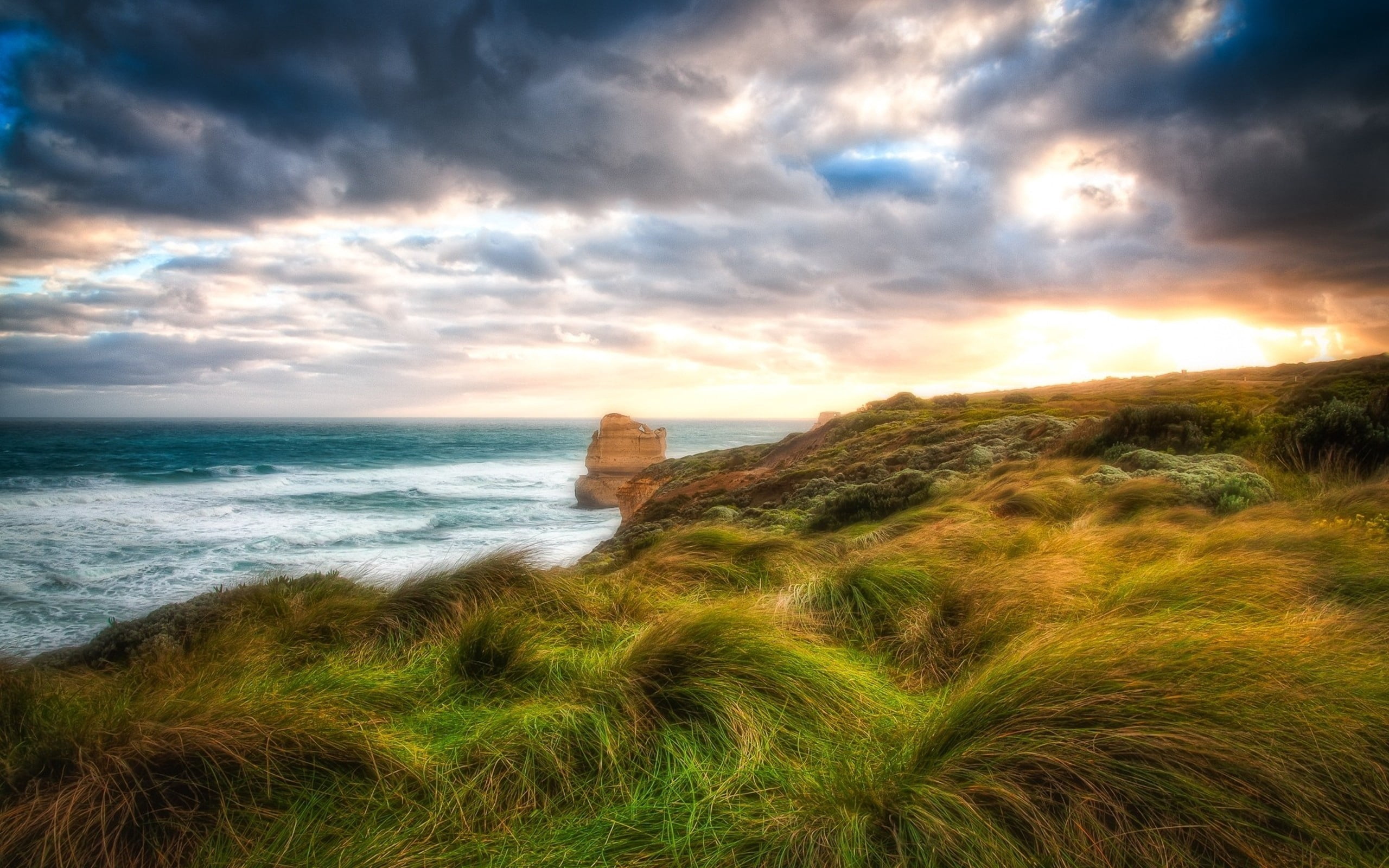 travel Destinations, sunrise - Dawn, rock - Object, dramatic Sky, victoria - Australia, sea, nature, architecture, horizon, scenics, tranquil scene, water, HD Wallpaper