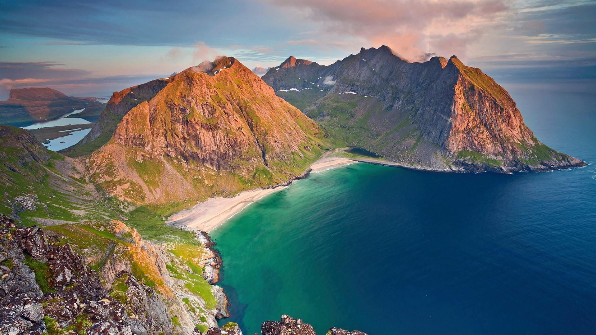 sunset, fjord, mountain range, land, mountain, travel destinations, no people, sea, mount ryten, kvalvika beach, environment, headland, cliff, 1080P, coast, HD Wallpaper