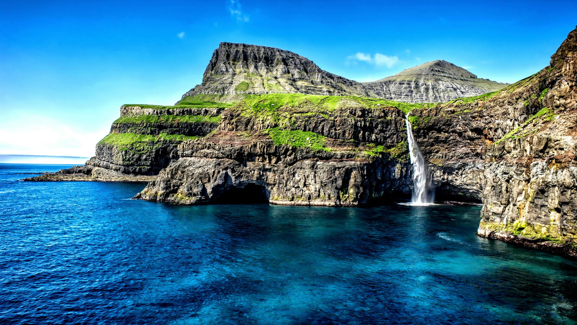 flowing water, waterfall, gasadalur, no people, blue, vagar island, tranquil scene, 1080P, promontory, faroe islands, idyllic, formation, beauty in nature, HD Wallpaper