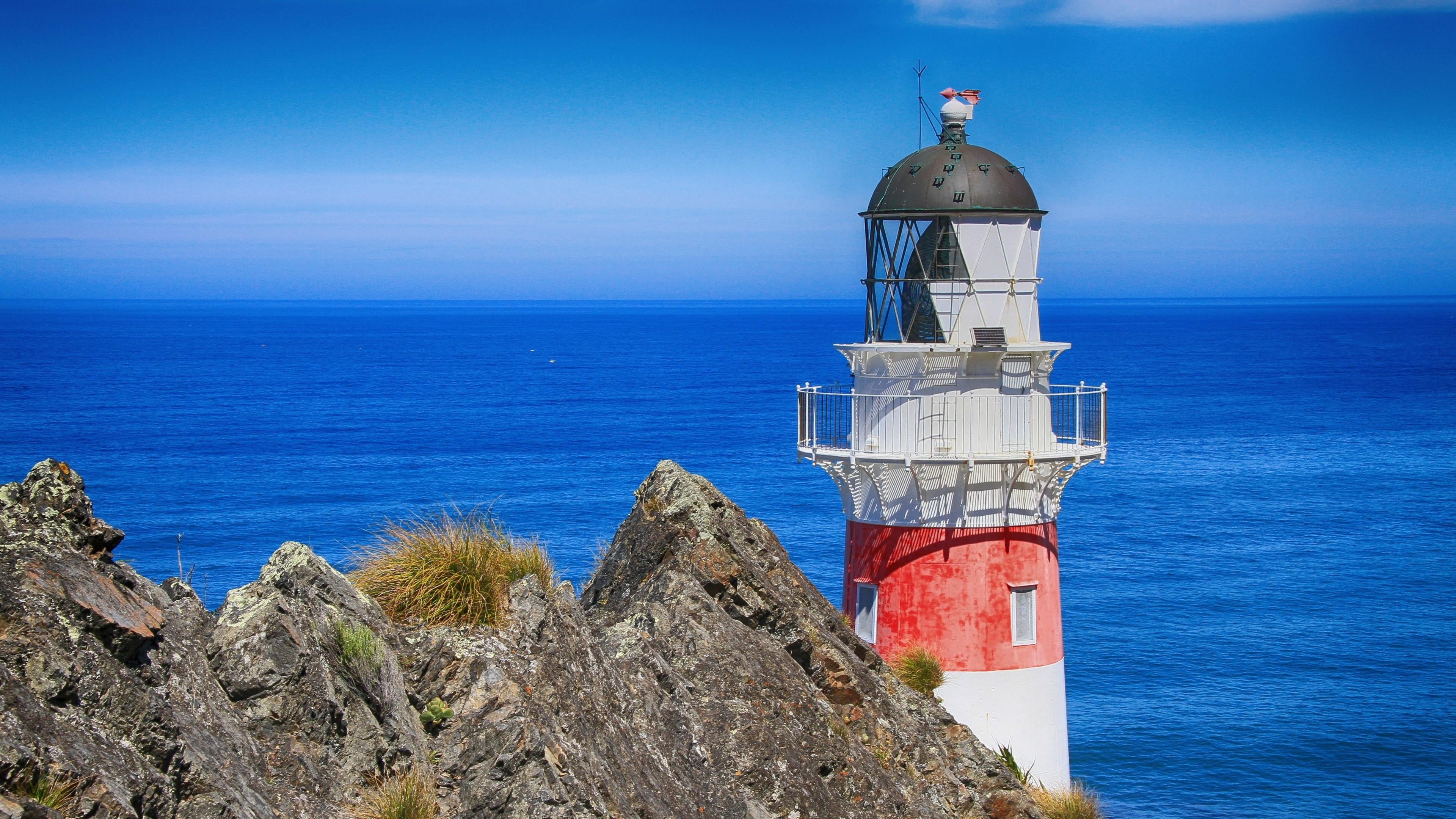 blue, nautical equipment, lighthouse, cape palliser, guidance, promontory, cape, navigation, horizon, ocean, tourist attraction, building, horizon over water, HD Wallpaper