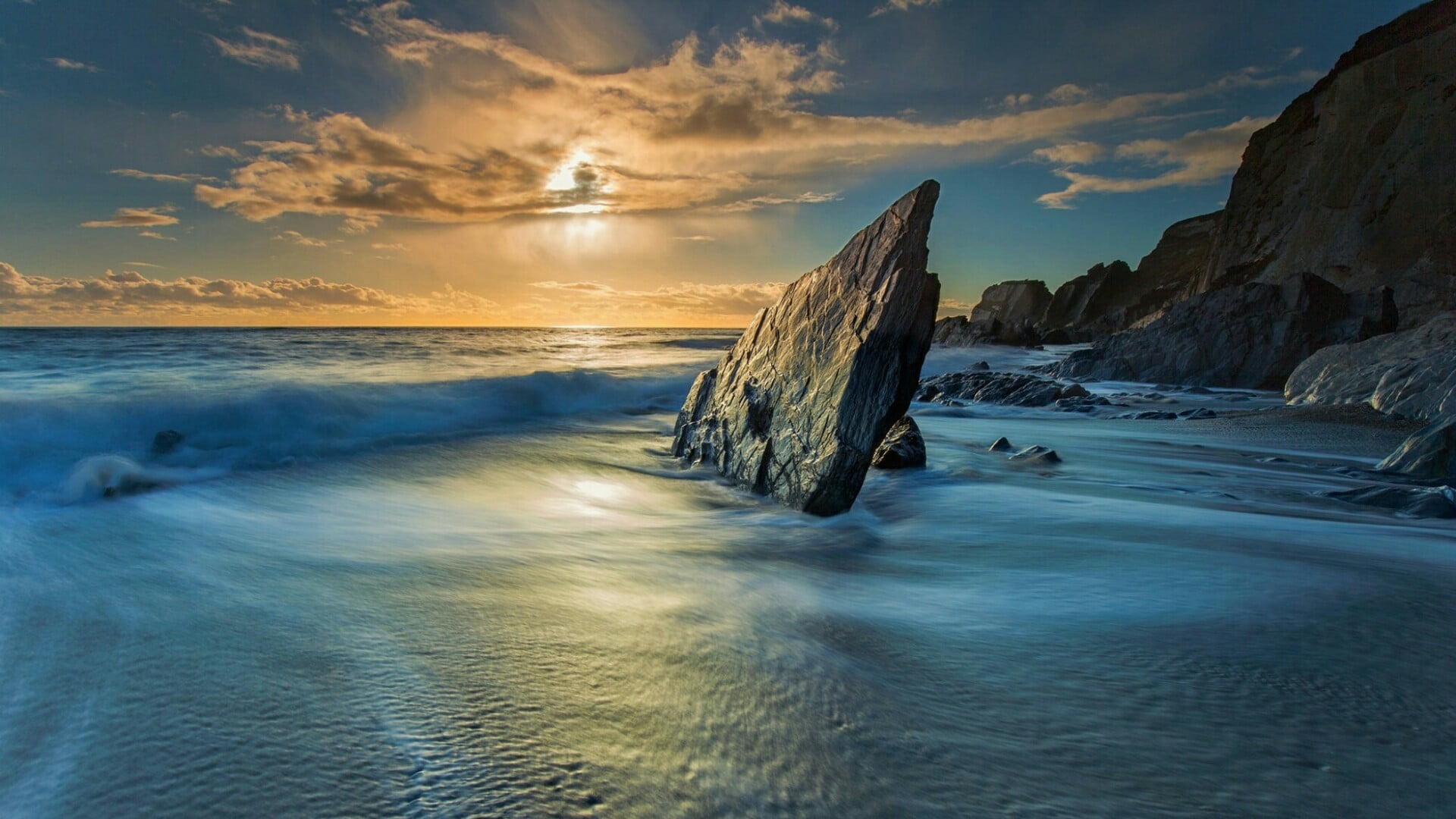 land, cloud - sky, horizon, idyllic, non-urban scene, sunset, beauty in nature, sea, calm, rock, outdoors, tranquility, scenics - nature, united kingdom, HD Wallpaper