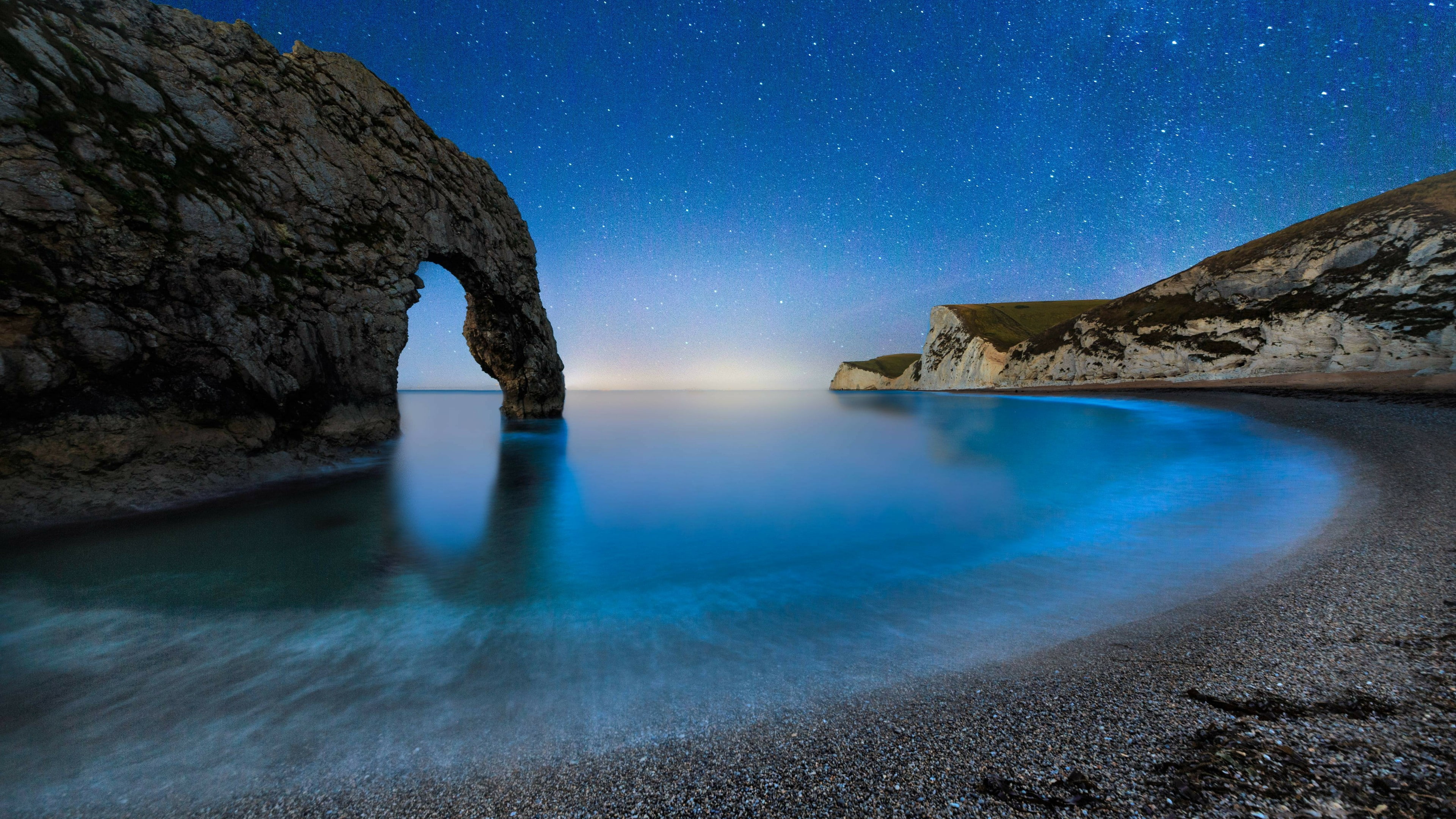 sky, coast, jurassic coast, rock, water, 4K, starry sky, night sky, wareham, united kingdom, cliff, durdle door, sea, night, stars, gb, reflection, HD Wallpaper