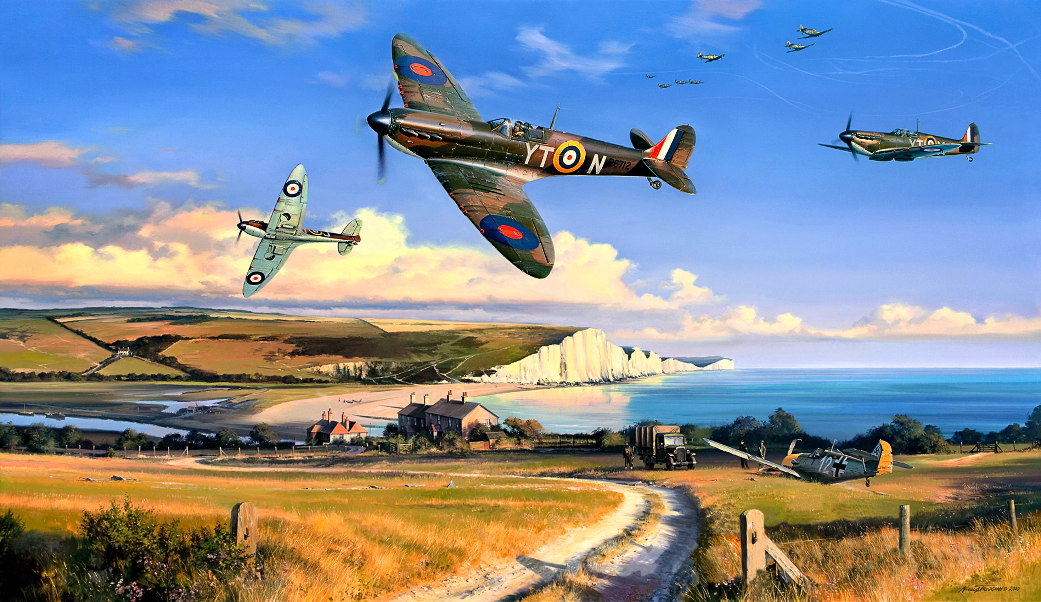 The white cliffs of Dover, car, WWII, 2K, 65 Squadron, dirt road, Battle of Britain, Spitfire Mk.I, HD Wallpaper