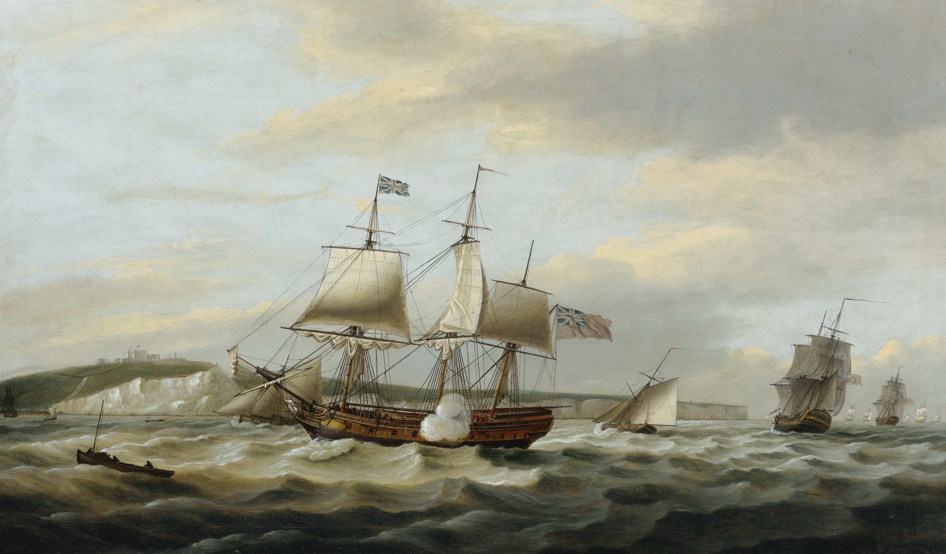 Classical art, landscape, Sailing Ship, boat, waves, UK, artwork, Cliffs Of Dover, Coastline, nature, Thomas Luny, Traditional Art, sea, cliff, 4K, England, HD Wallpaper