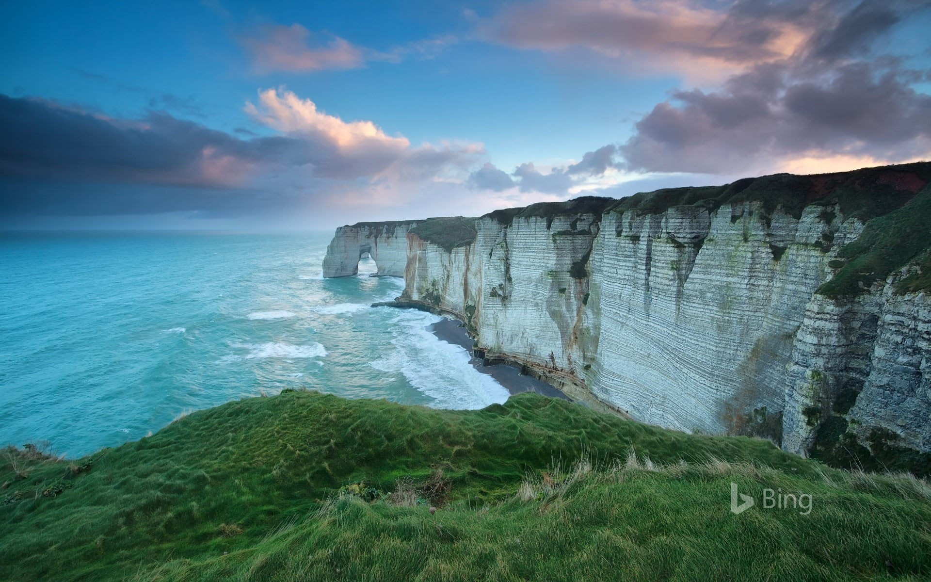 beach, horizon over water, sky, horizon, rock formation, 1080P, water, cliff, rock, no people, land, motion, power in nature, normandy, nature, rock - object, HD Wallpaper
