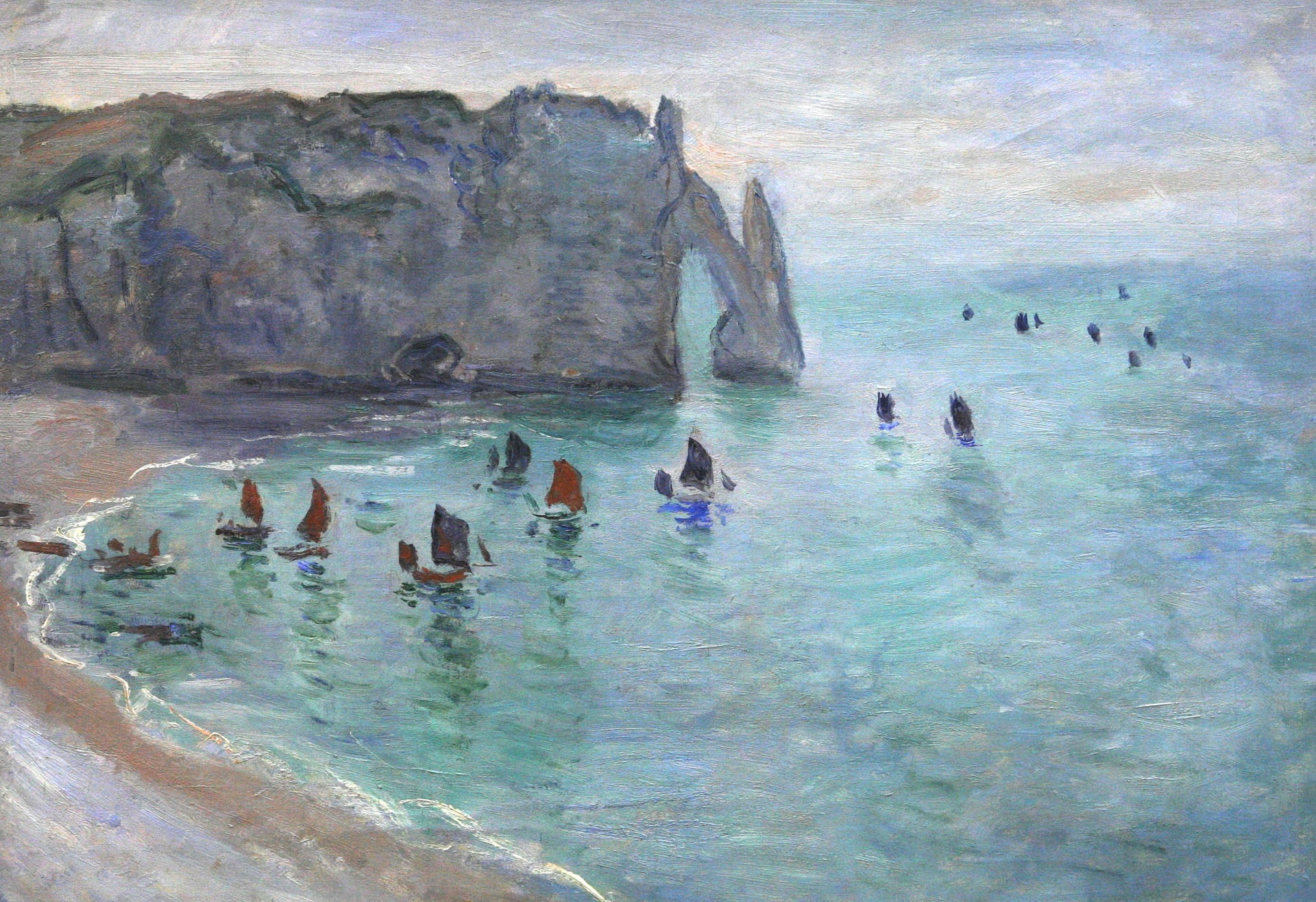 picture, rock, boats, arch, sail, 1080P, sea, Etretat. The Aval Door. Fishing Boats Leaving the Harbour, Claude Monet, seascape, HD Wallpaper