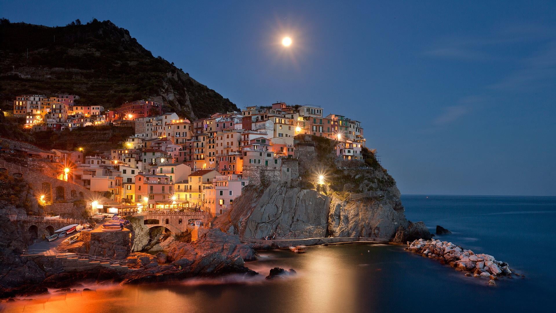scenics - nature, illuminated, outdoors, cityscape, cliff, water, building, dusk, harbor, sea, la spezia, travel destinations, liguria, rock, city, building exterior, HD Wallpaper