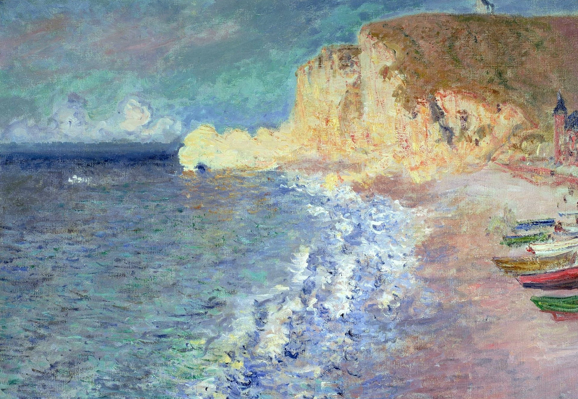 day, water, Morning at Etretat, beauty in nature, beach, Claude Monet, tranquility, landscape, land, tranquil scene, nature, picture, solid, rock formation, HD Wallpaper