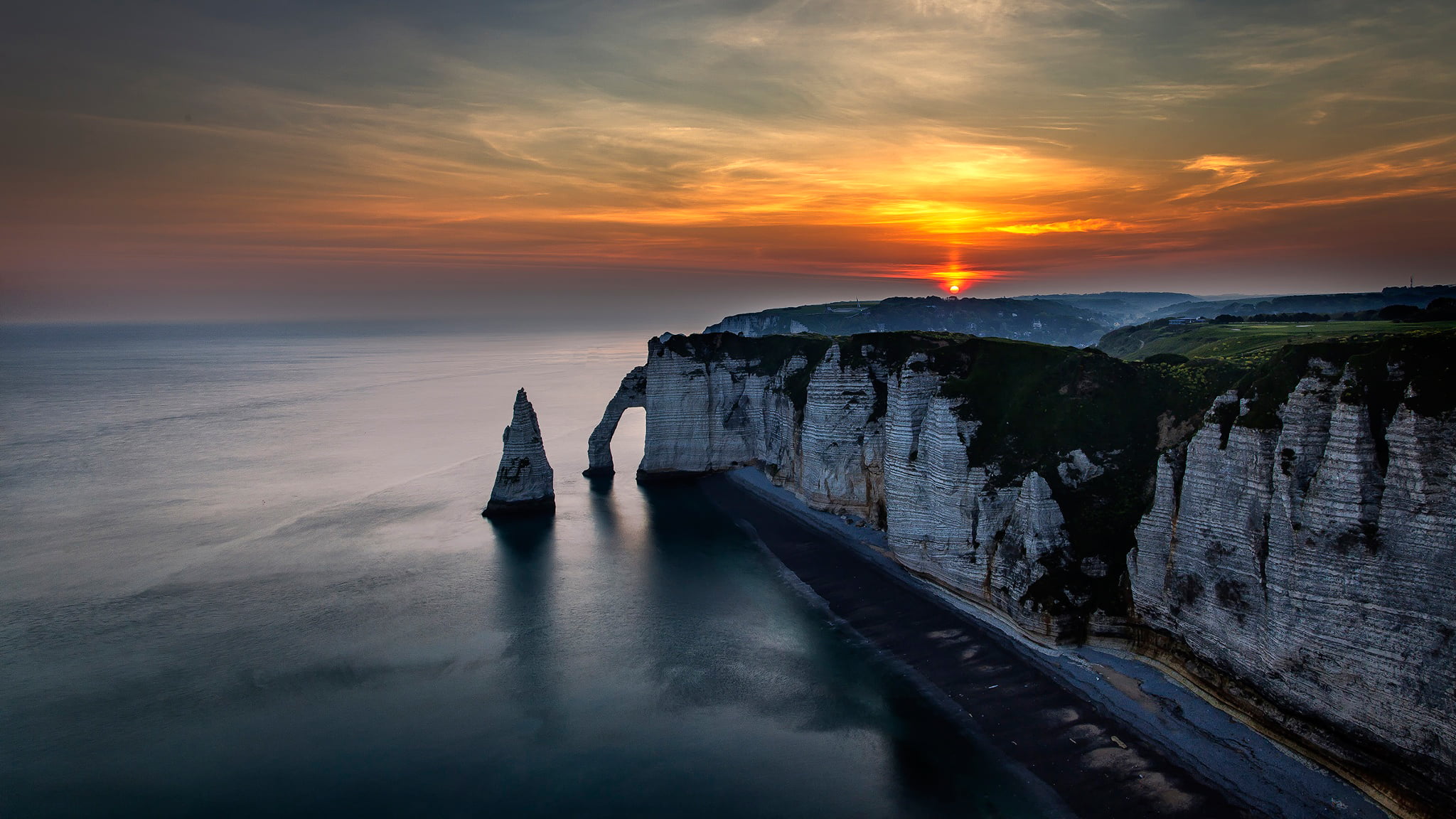 travel Destinations, Étretat, sky, Etretat, sunlight, sunrise - Dawn, tourism, land, coastline, sunset, 1080P, body, rock - Object, seascape, horizon over water, HD Wallpaper