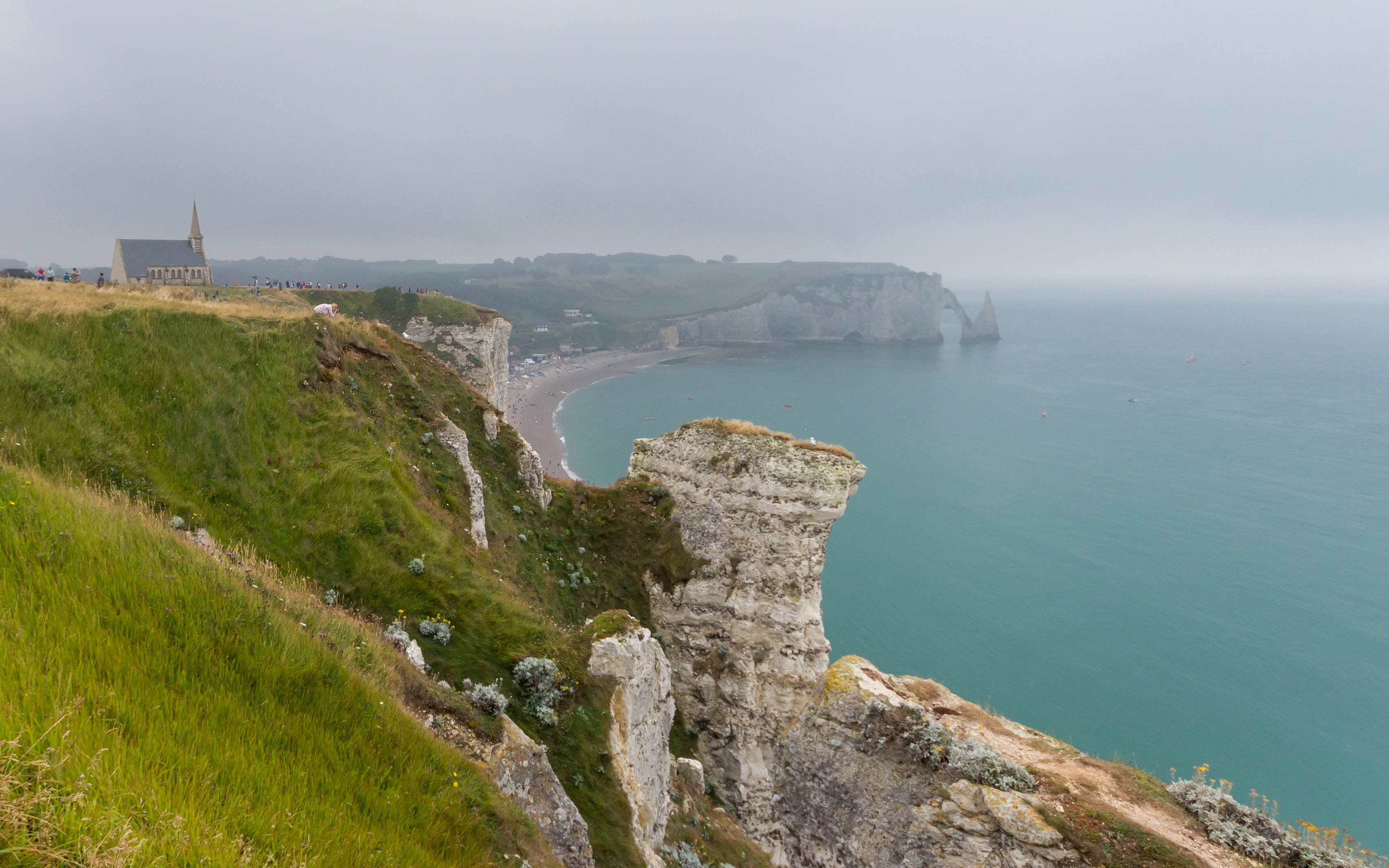 cliff, fog, ocean, land, sea, north sea, etretat, high angle view, outdoors, tranquility, day, no people, church, sky, idyllic, blue, rock, nature, étretat, HD Wallpaper