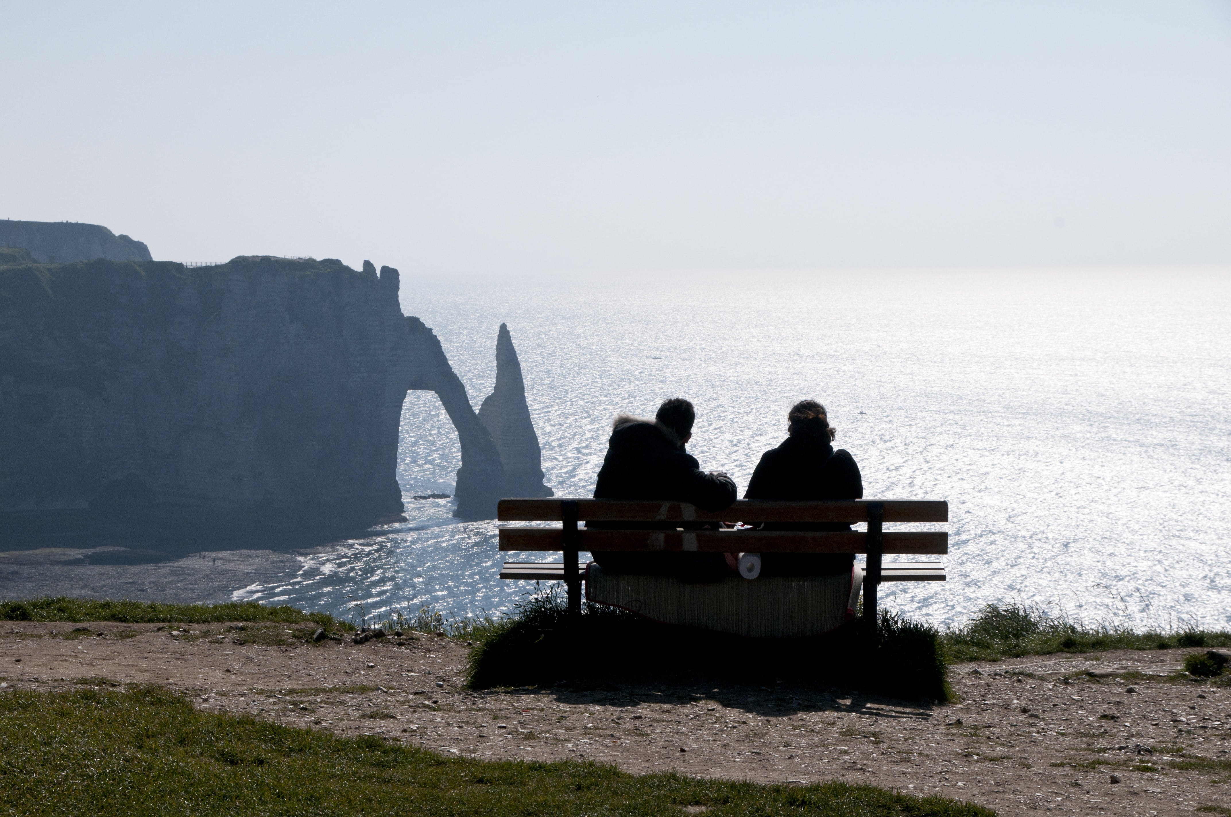 adult, beauty in nature, tranquil scene, hollow needle, 4K, men, ocean, bench, people, sitting, women, beach, etretat, nature, outdoors, cliff, tranquility, HD Wallpaper